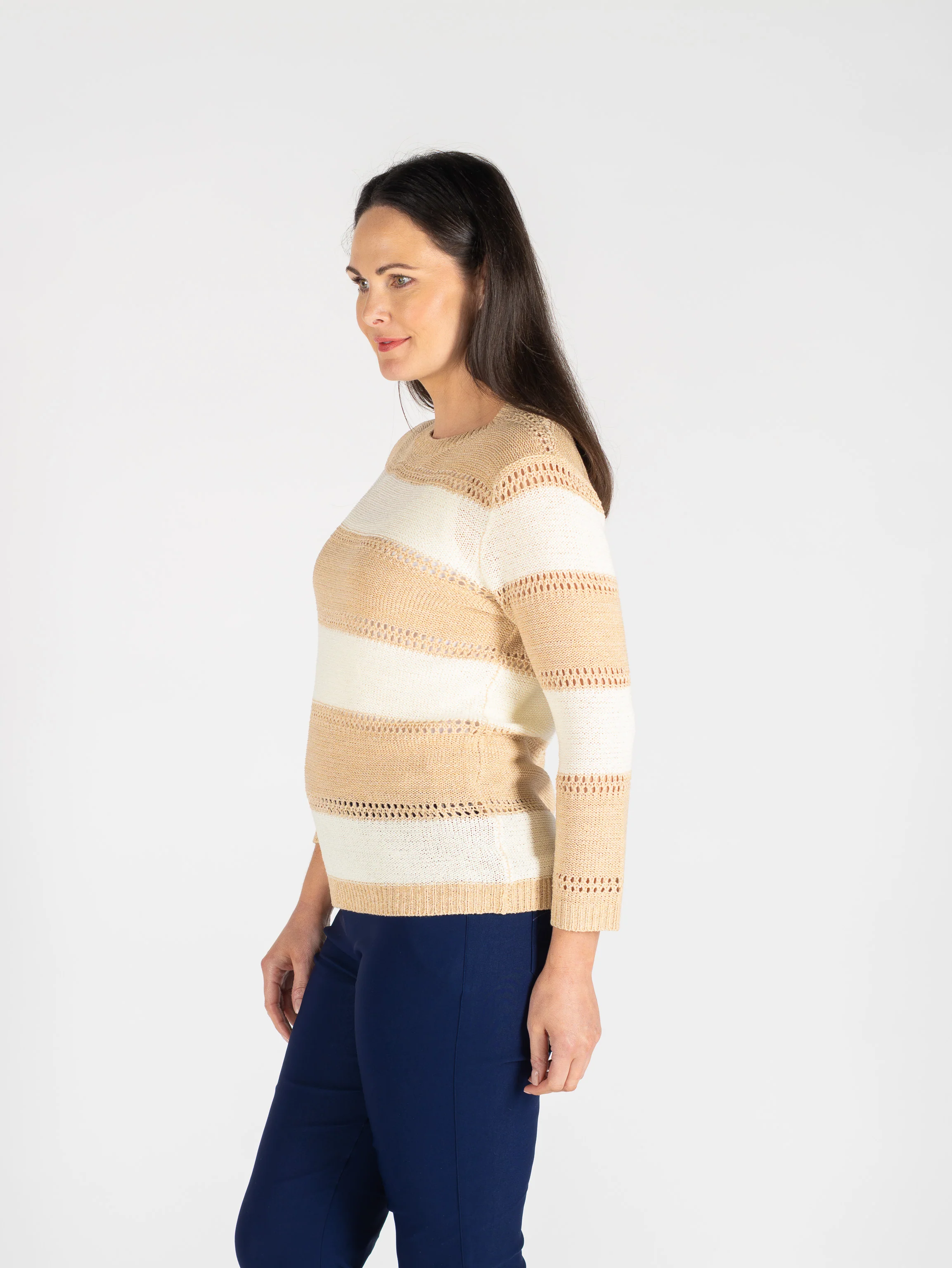 JU30654 WIDE STRIPE ROUND NECK JUMPER 3/4 SLEEVE OATMEAL WHITE - Image 2