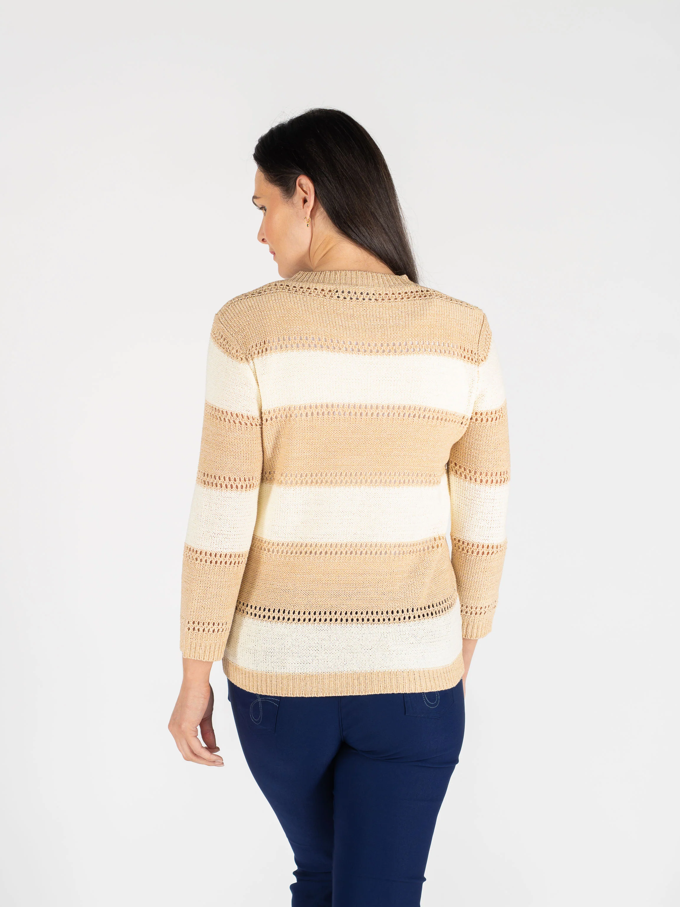 JU30654 WIDE STRIPE ROUND NECK JUMPER 3/4 SLEEVE OATMEAL WHITE - Image 3
