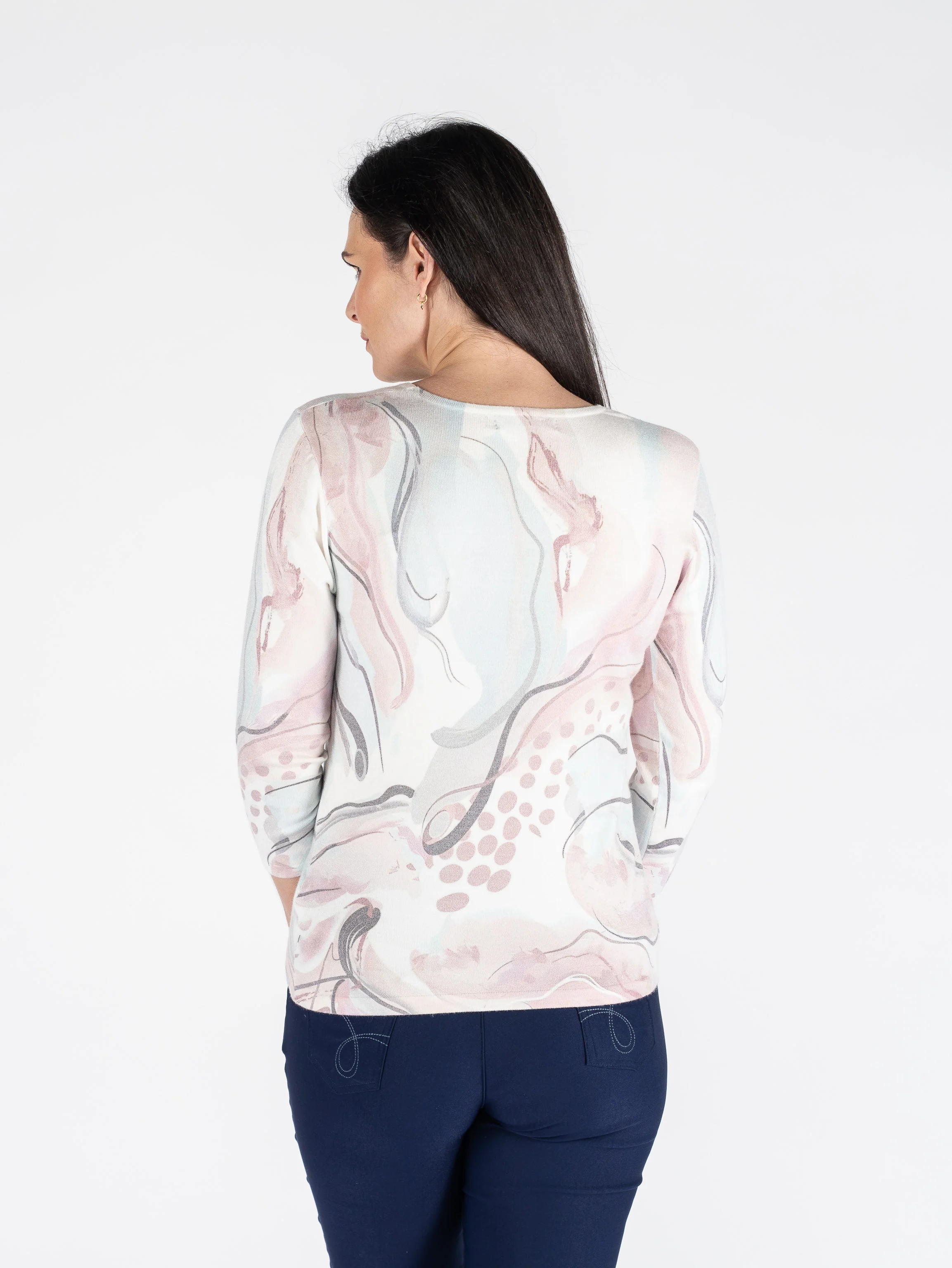 JU30677  Abstract Jumper Round Neck 3/4 Sleeve Pink Multi - Image 4