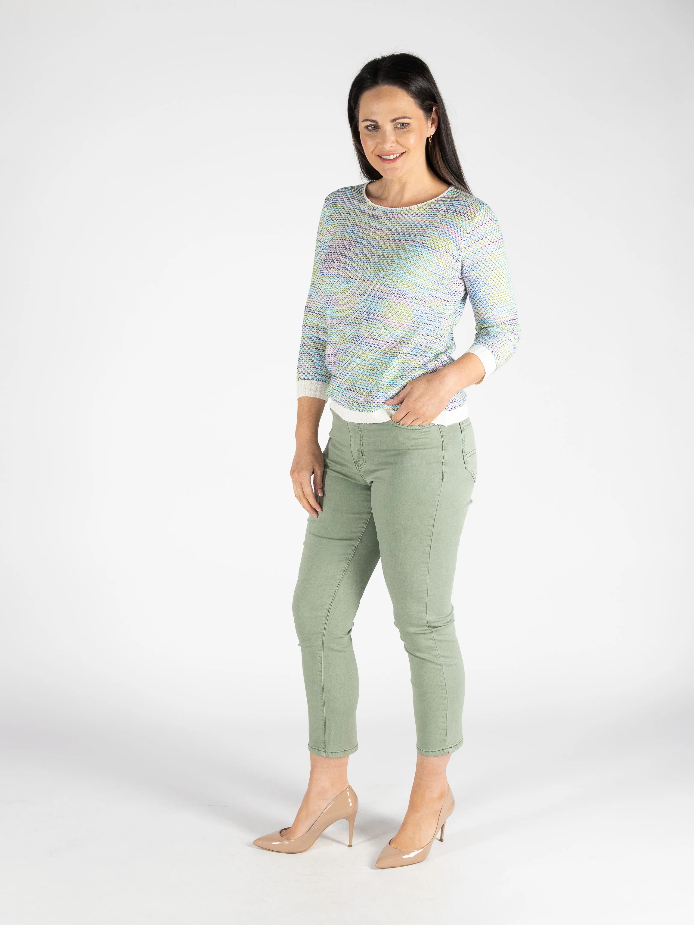 JU30697 Green Multi Knit Jumper Contrast Cuff 3/ GREEN MULTI - Image 3