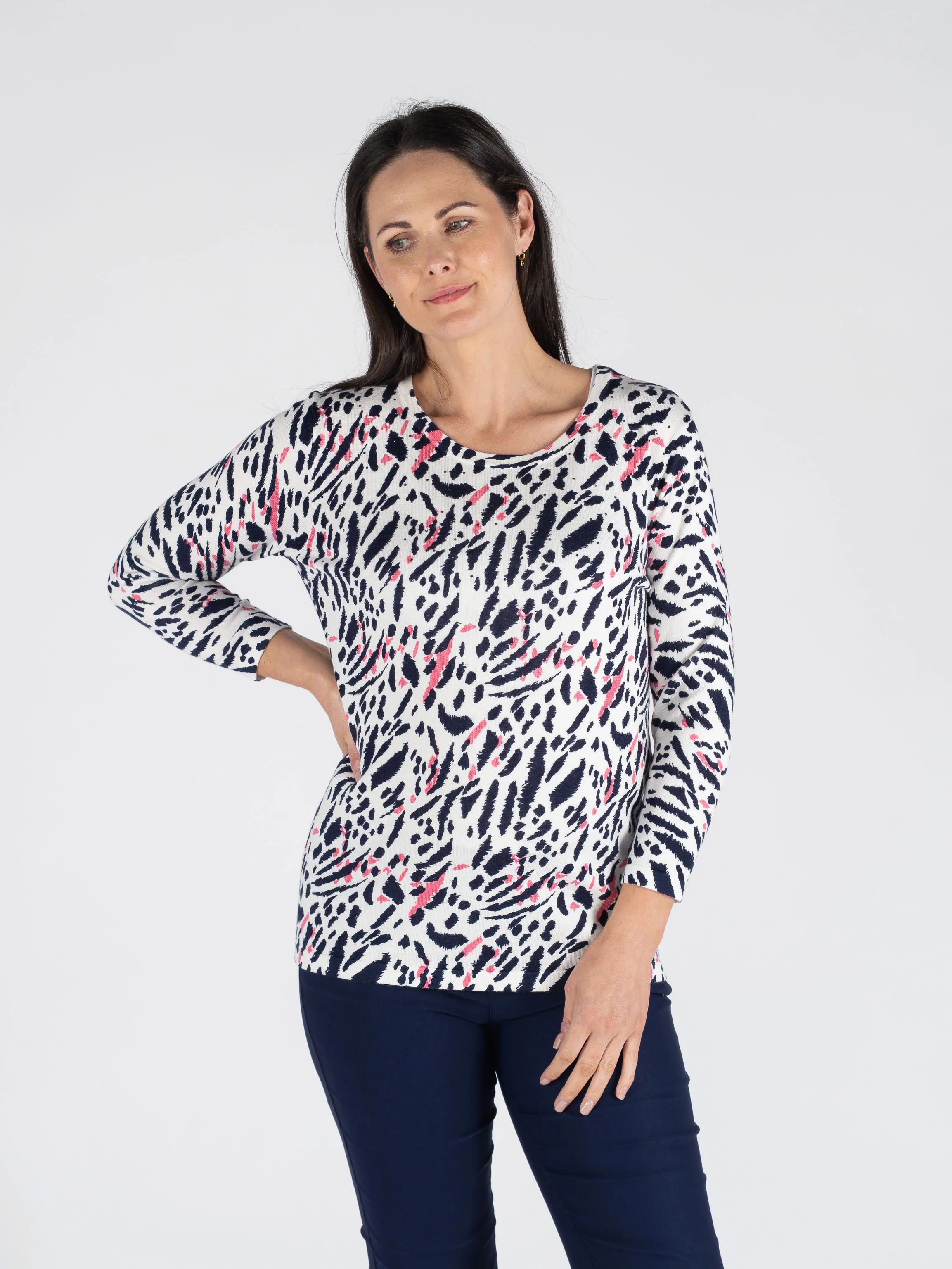 JU30814 ANIMAL PRINT JUMPER ROUND NECK 3/4 PINK NAVY