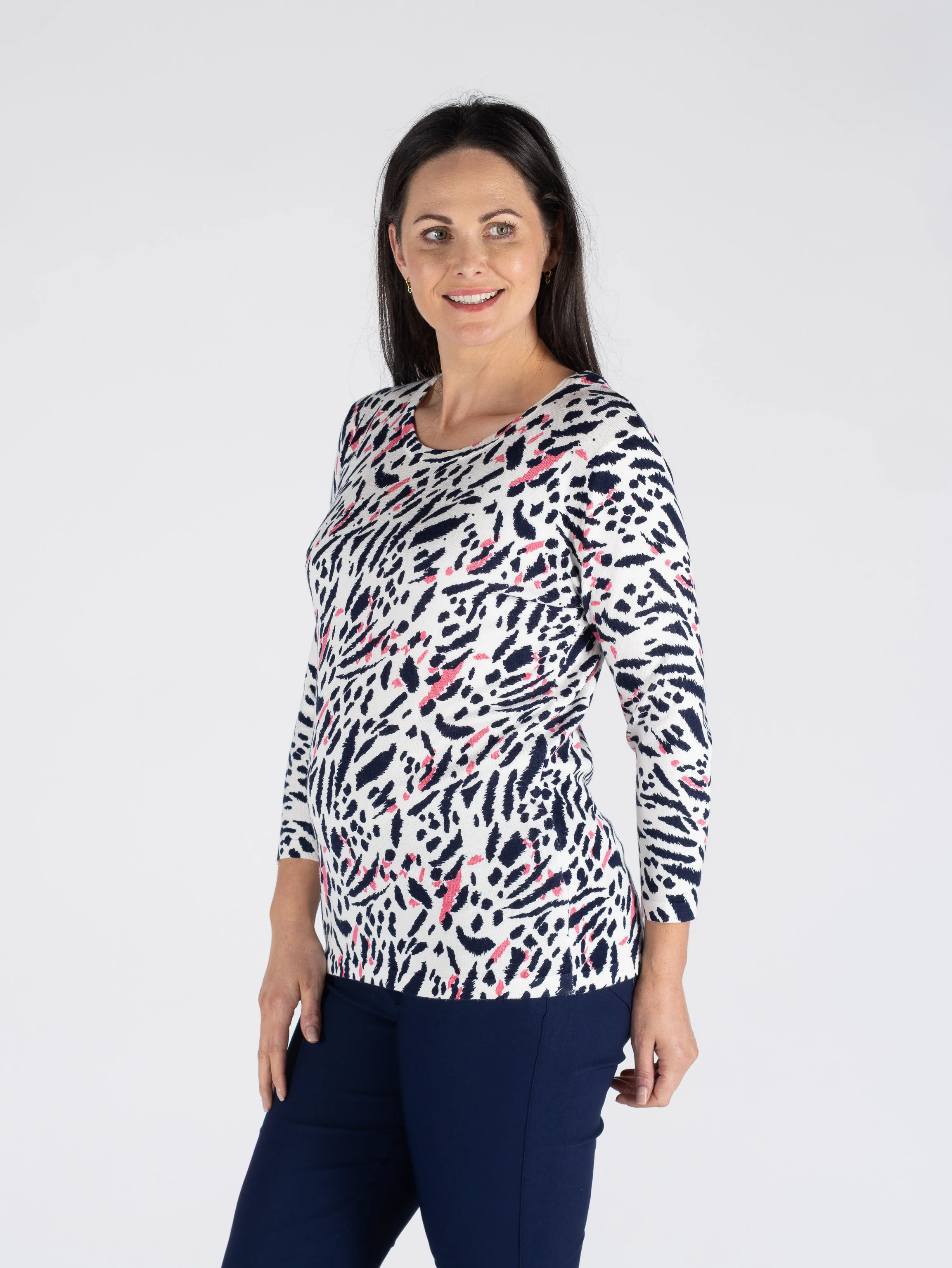 JU30814 ANIMAL PRINT JUMPER ROUND NECK 3/4 PINK NAVY - Image 2