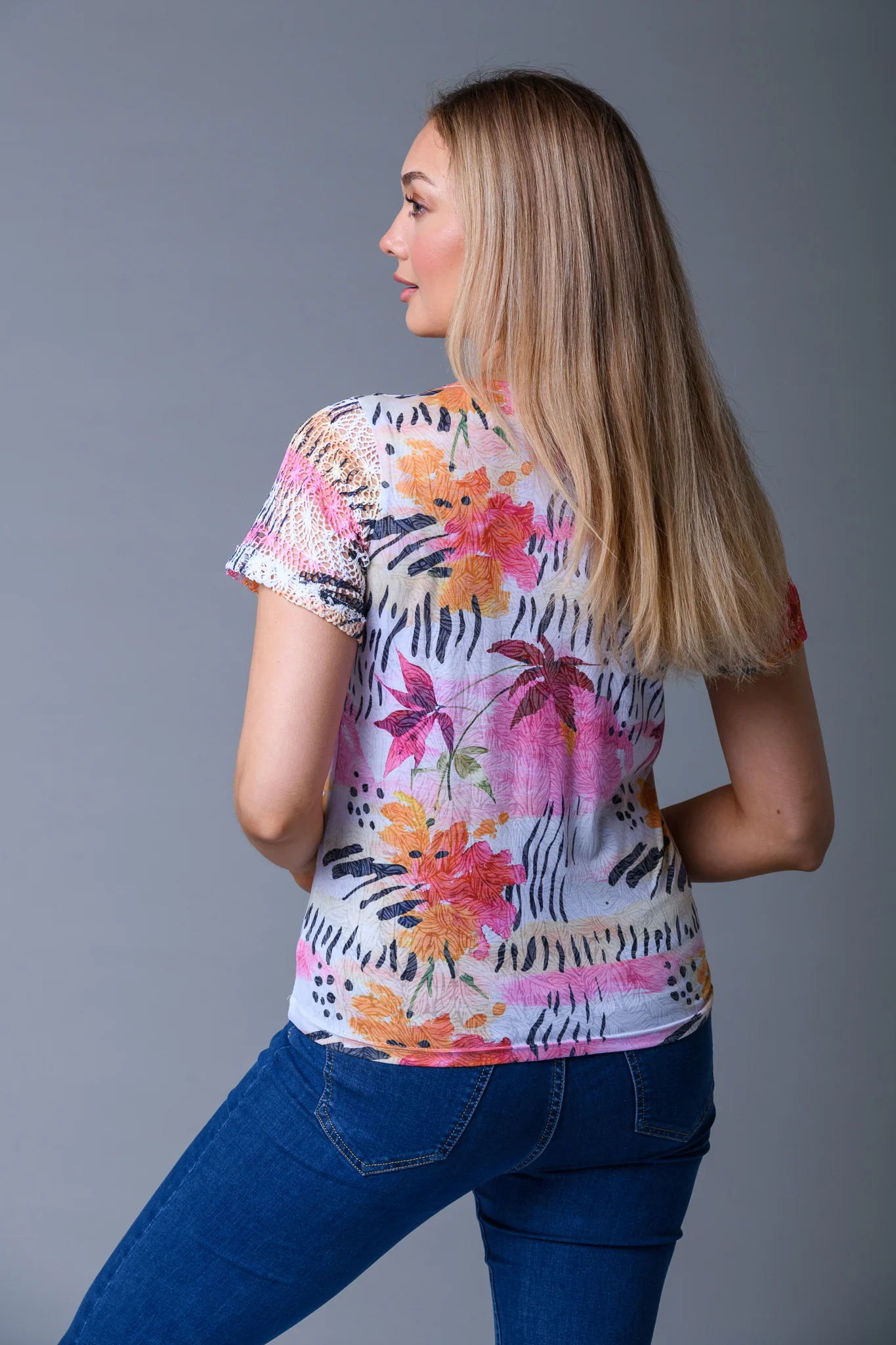 Lace Sleeve Print Top PINK - Image 2