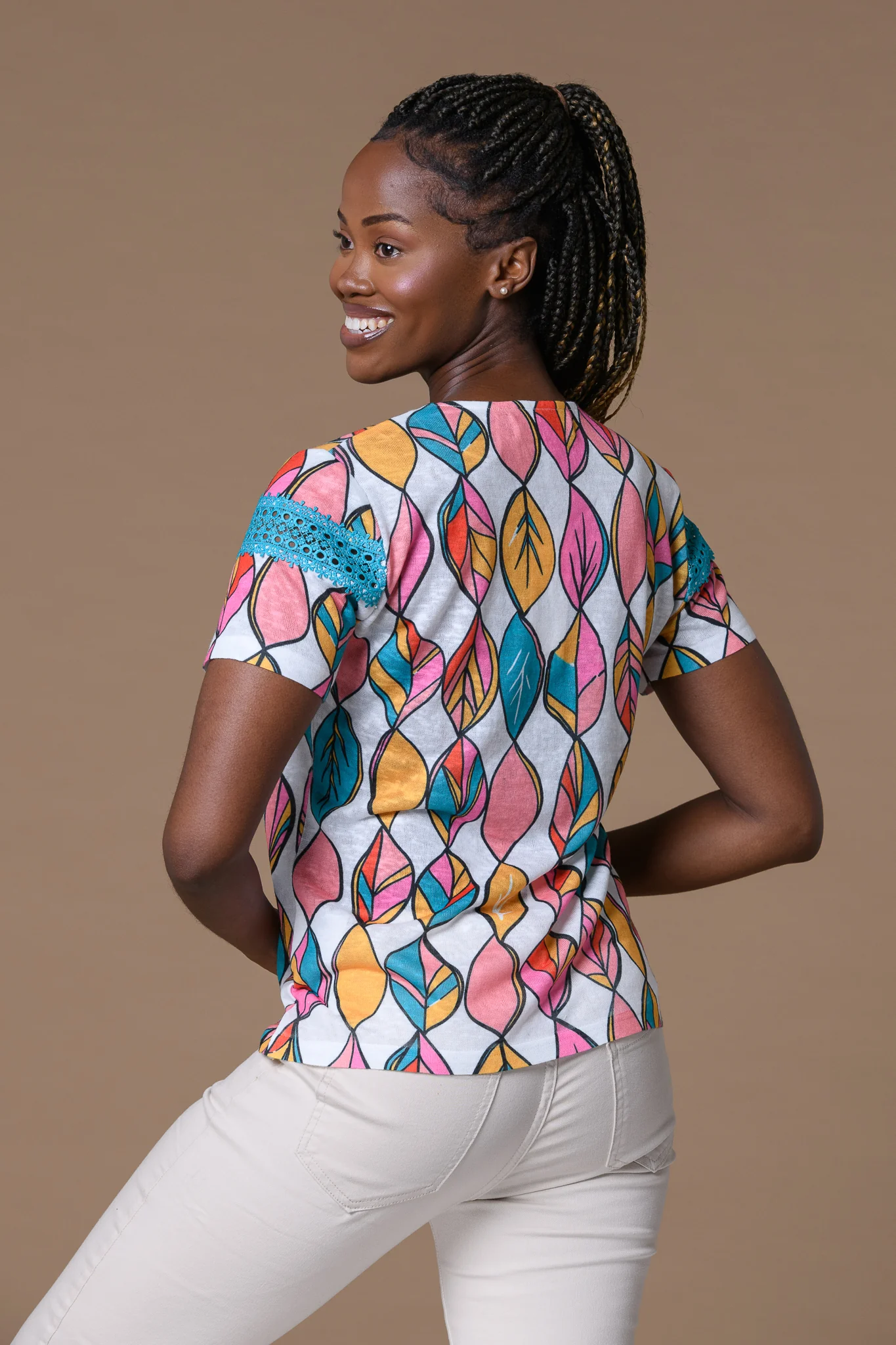 Leaf Print Crochet Top Turquoise/Yellow - Image 2