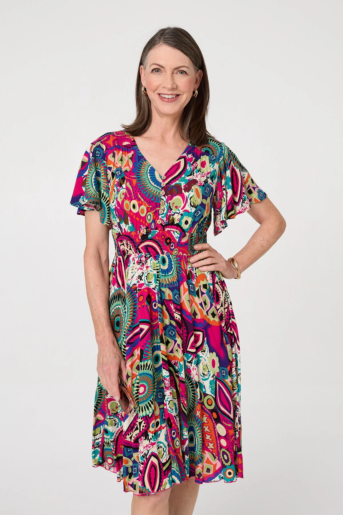 Multi Print Tie Dress  D523271 Multi Pink - Image 3