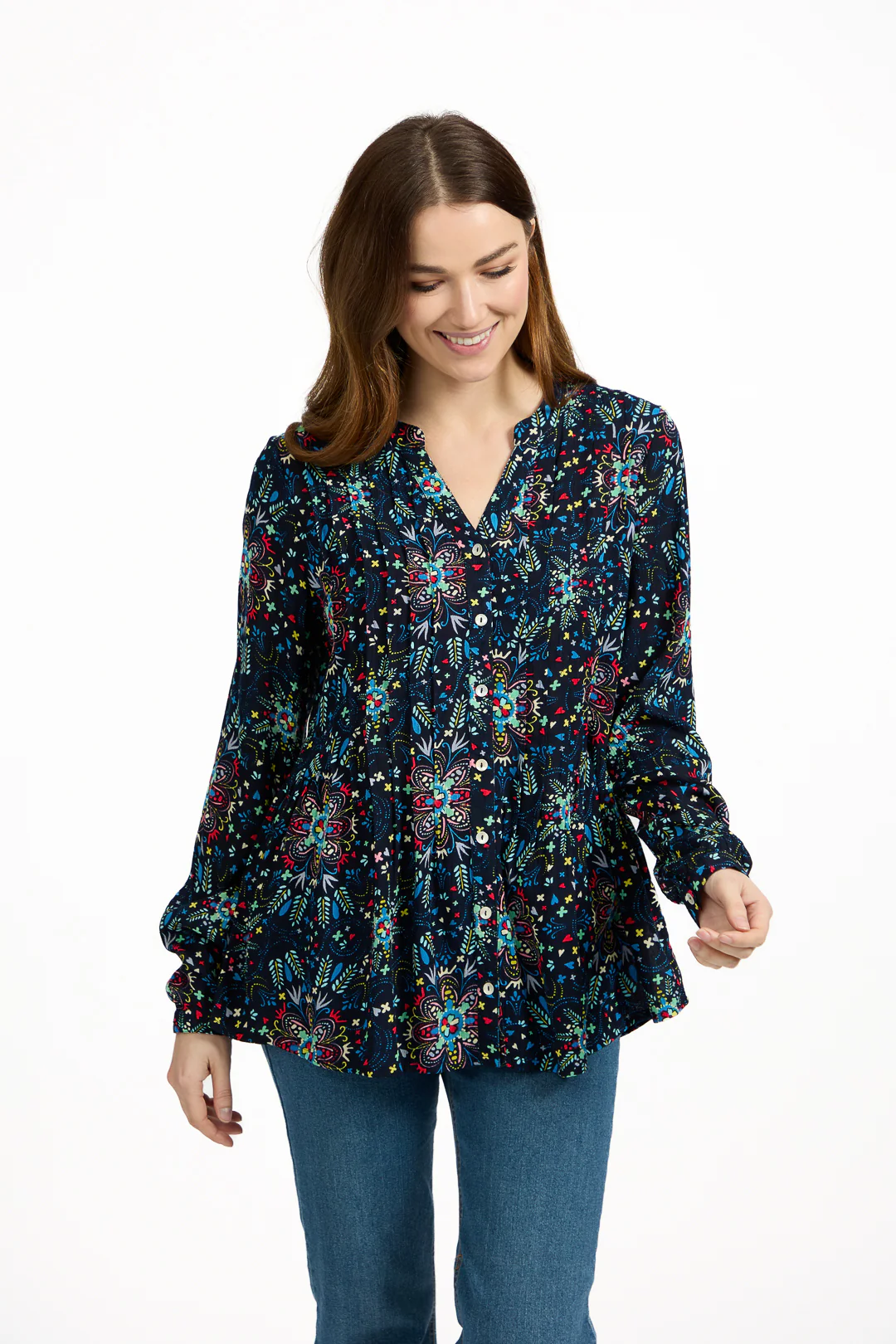 Pintuck Printed Shirt NAVY