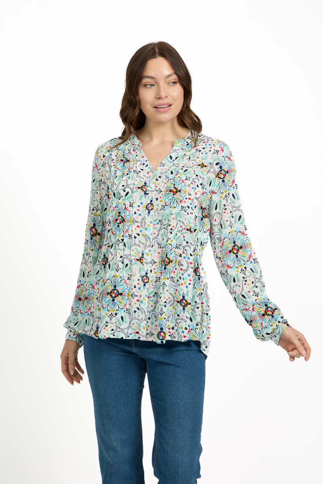 Pintuck Printed Shirt WHITE