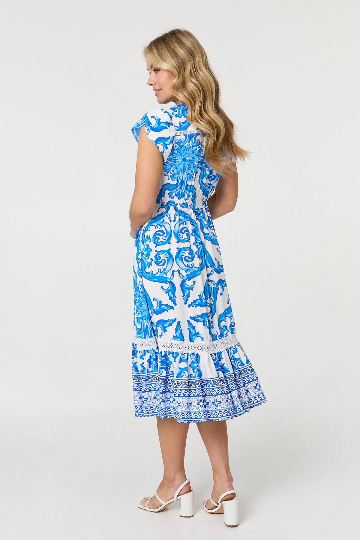 Printed Cap Slv Lace Midi Dress D180293 BLUE - Image 2