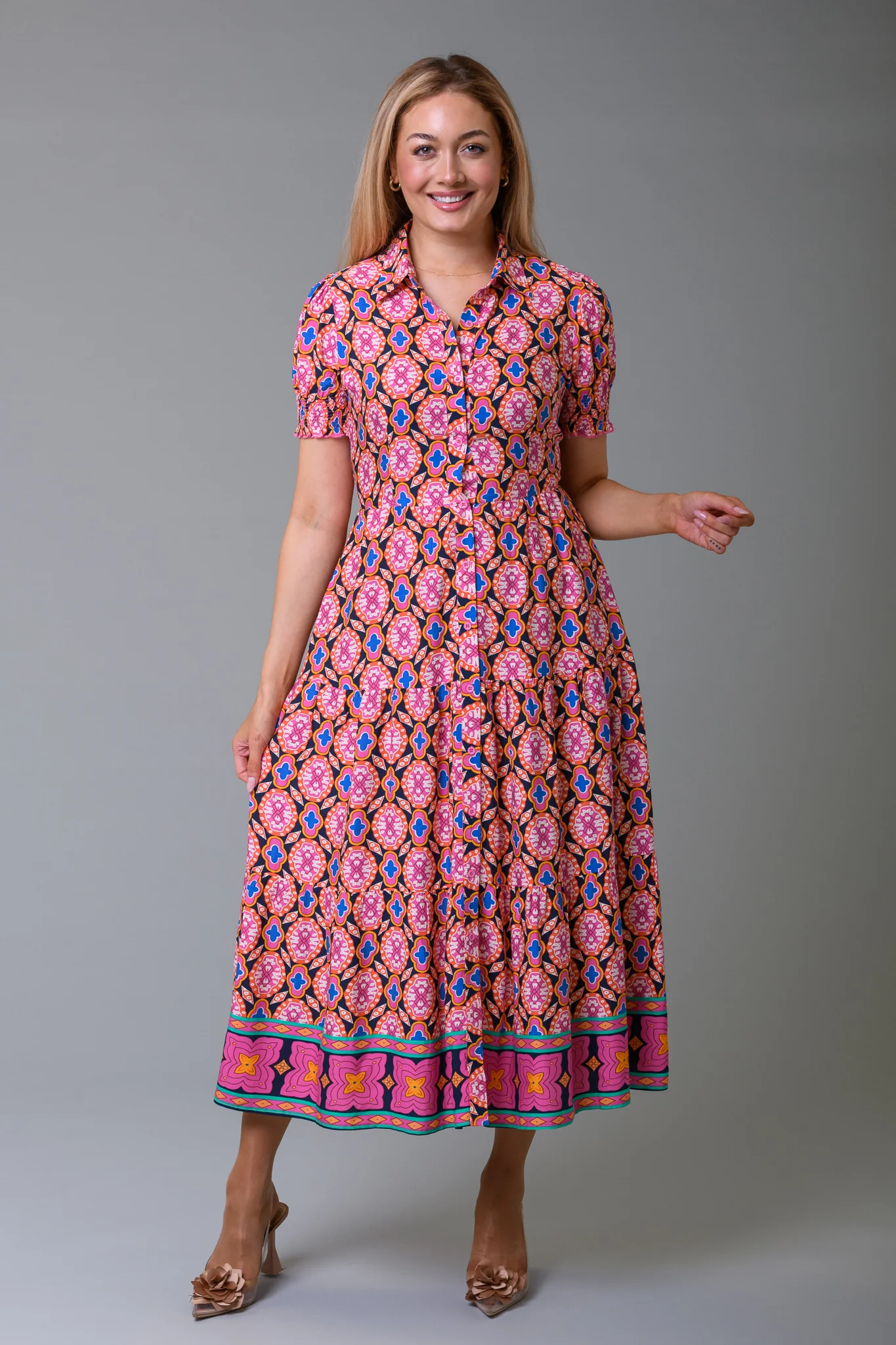 Retro Print Shirt Dress Multi Pink - Image 3