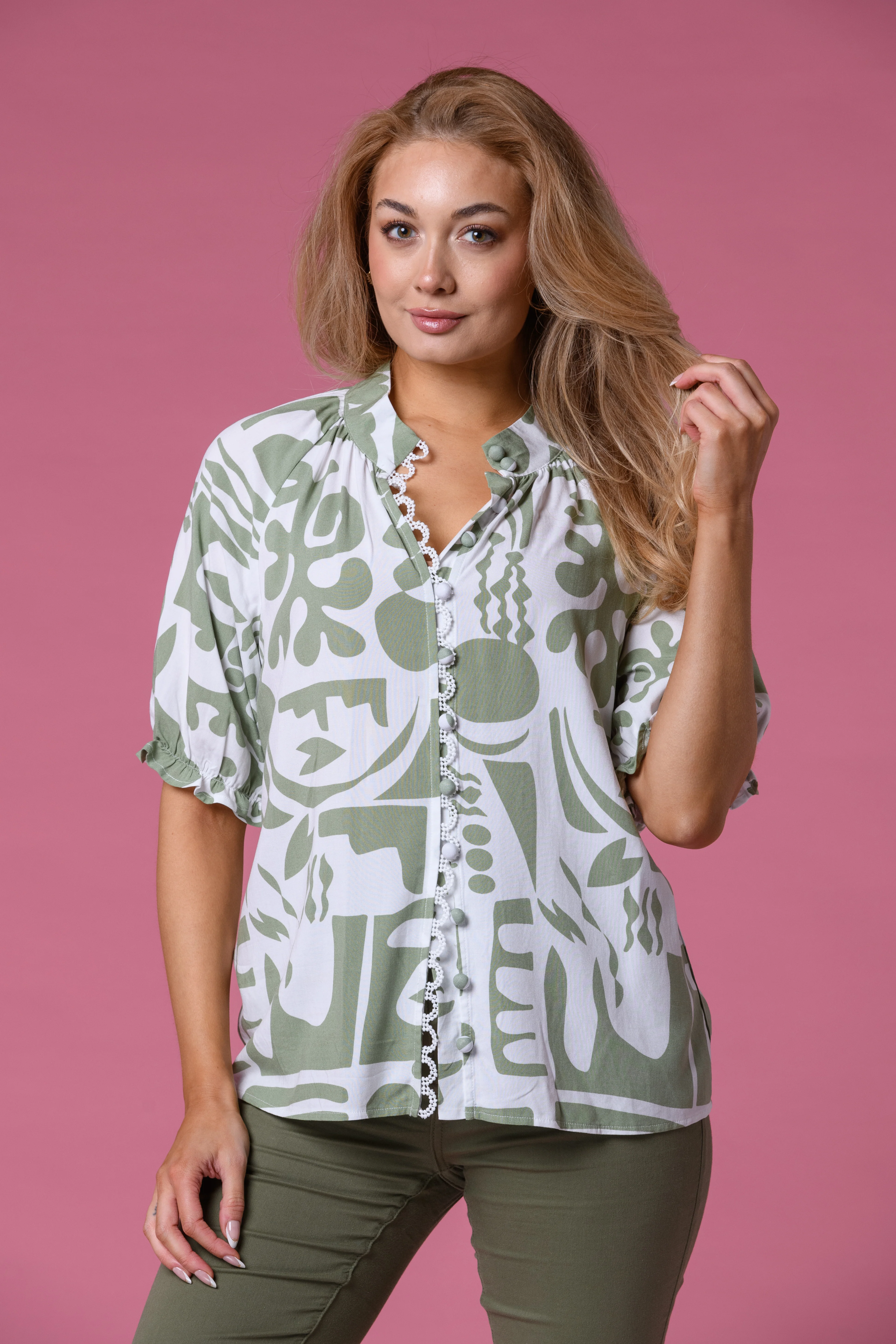 Scallop Edge Print Blouse T522056 SAGE - Image 2