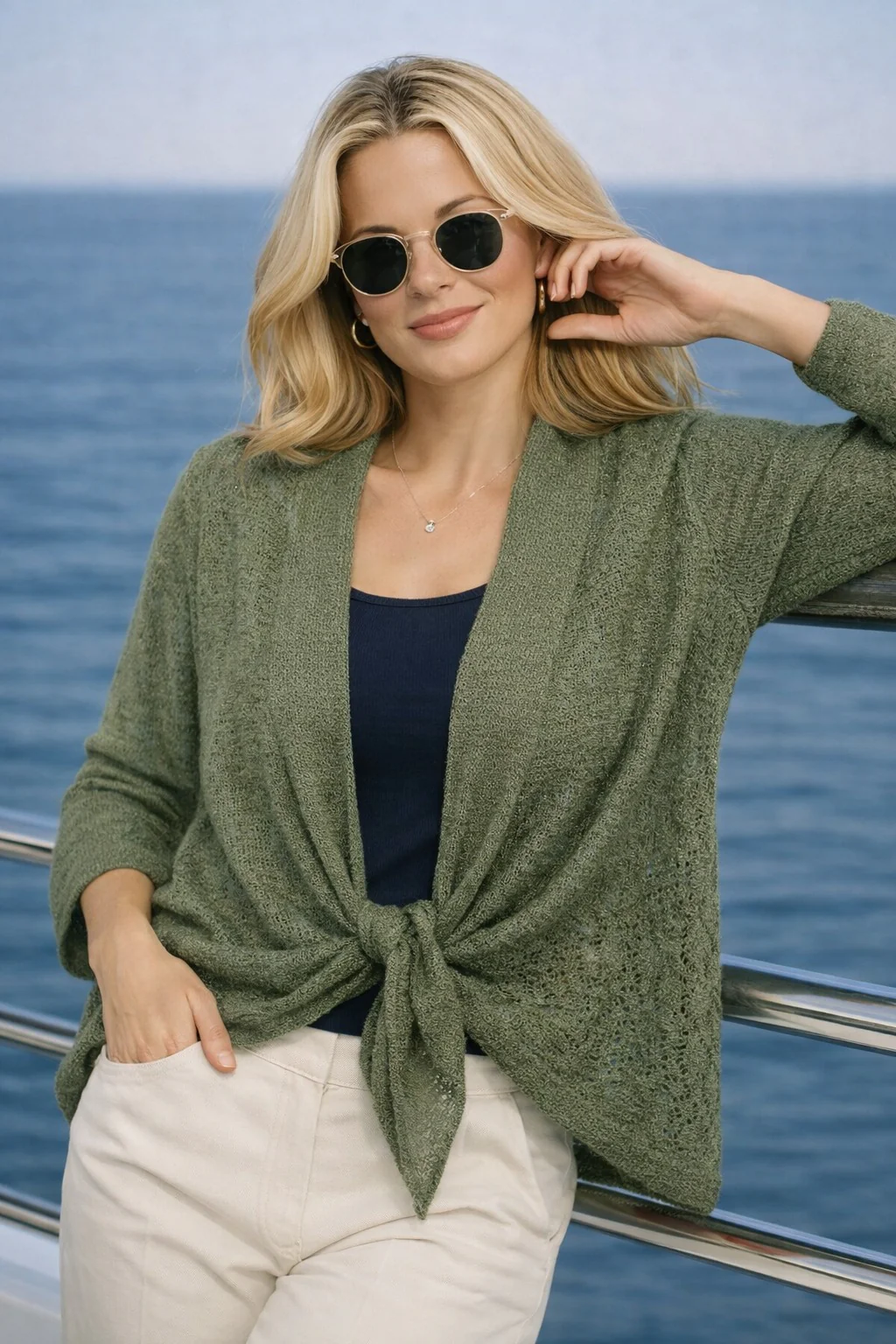 SH30807 POPCORN SHRUG WITH LACY PATTERN 3/4 SAGE