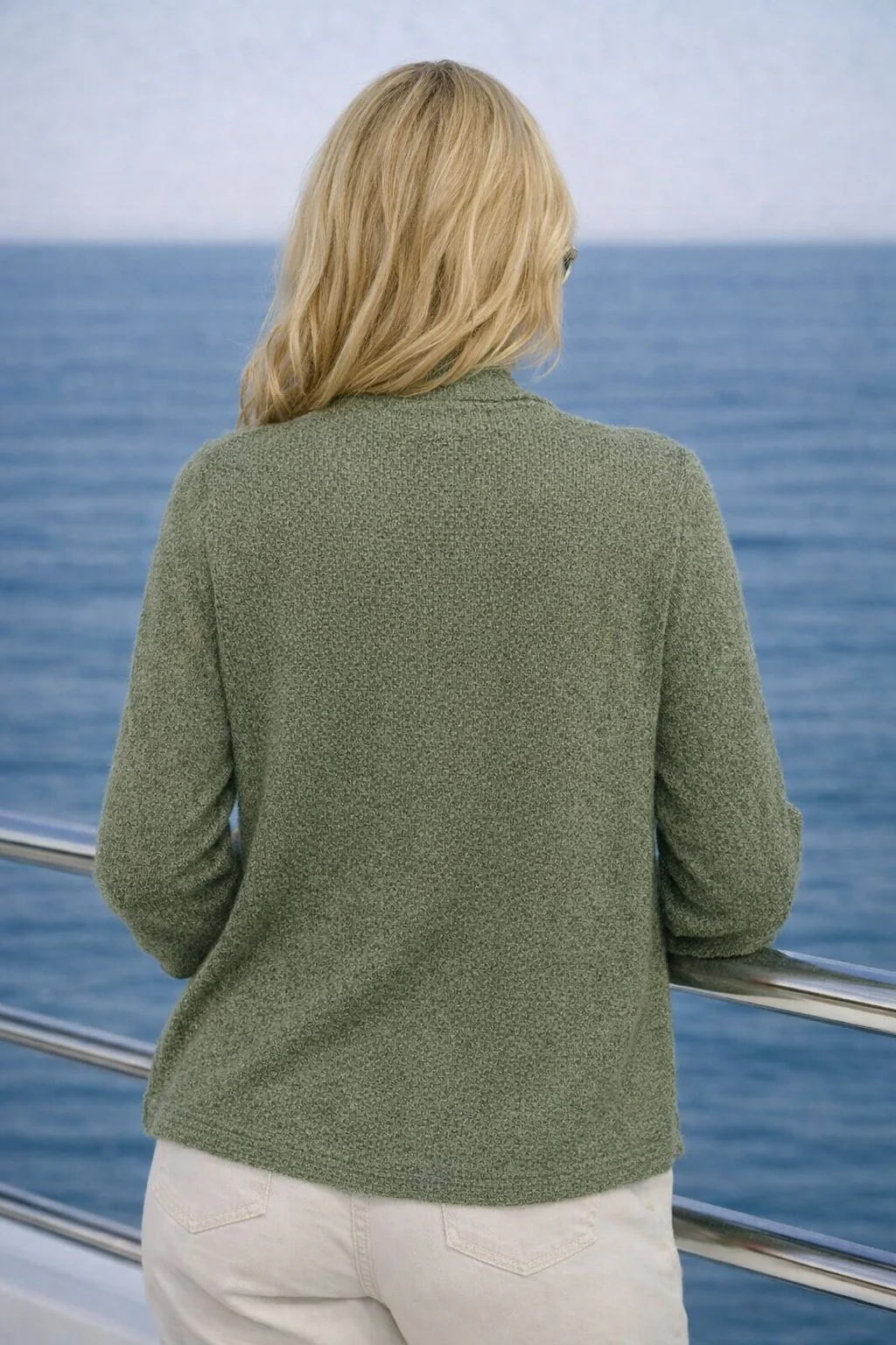 SH30807 POPCORN SHRUG WITH LACY PATTERN 3/4 SAGE - Image 2