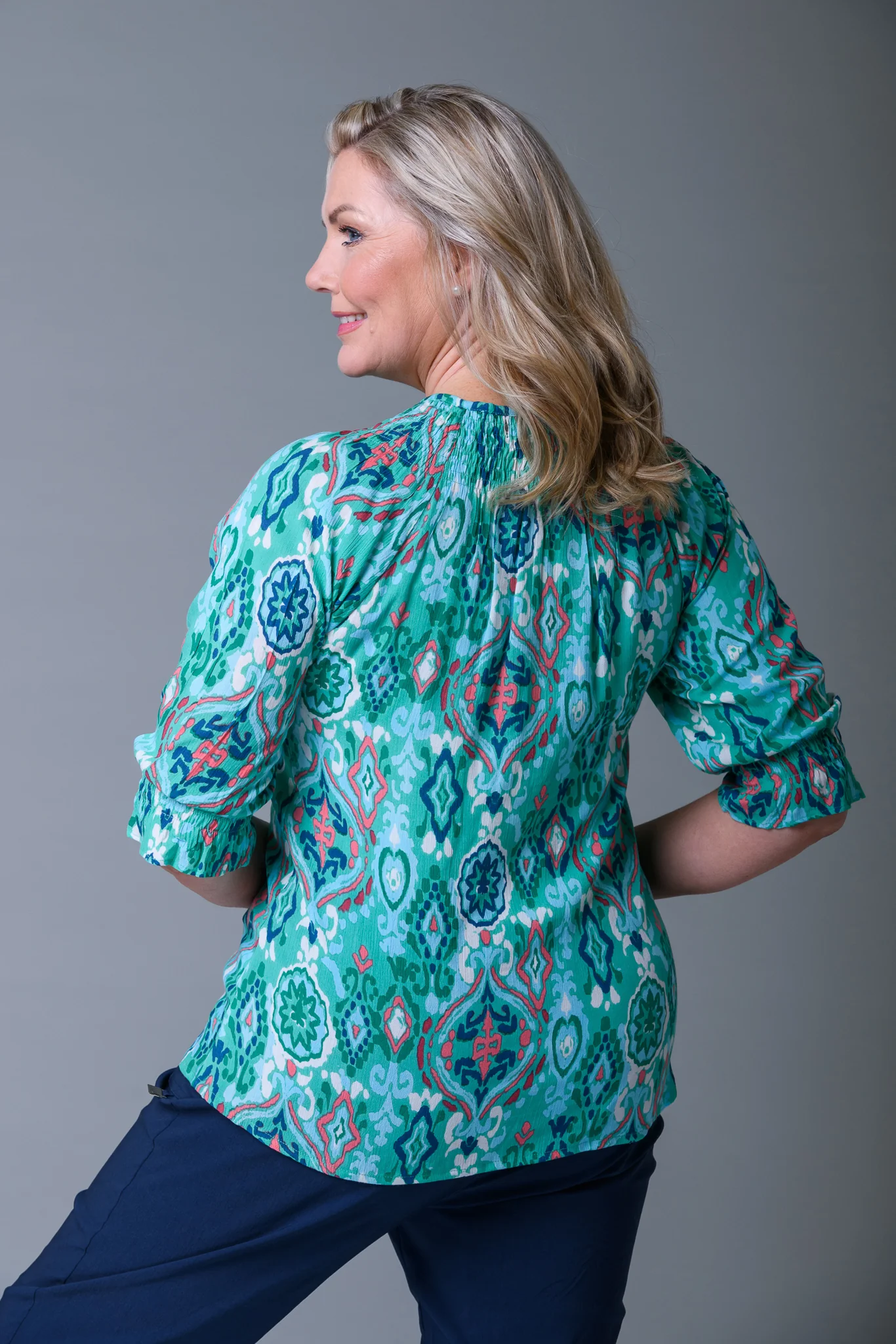 Shirred Neck Print Top GREEN - Image 2