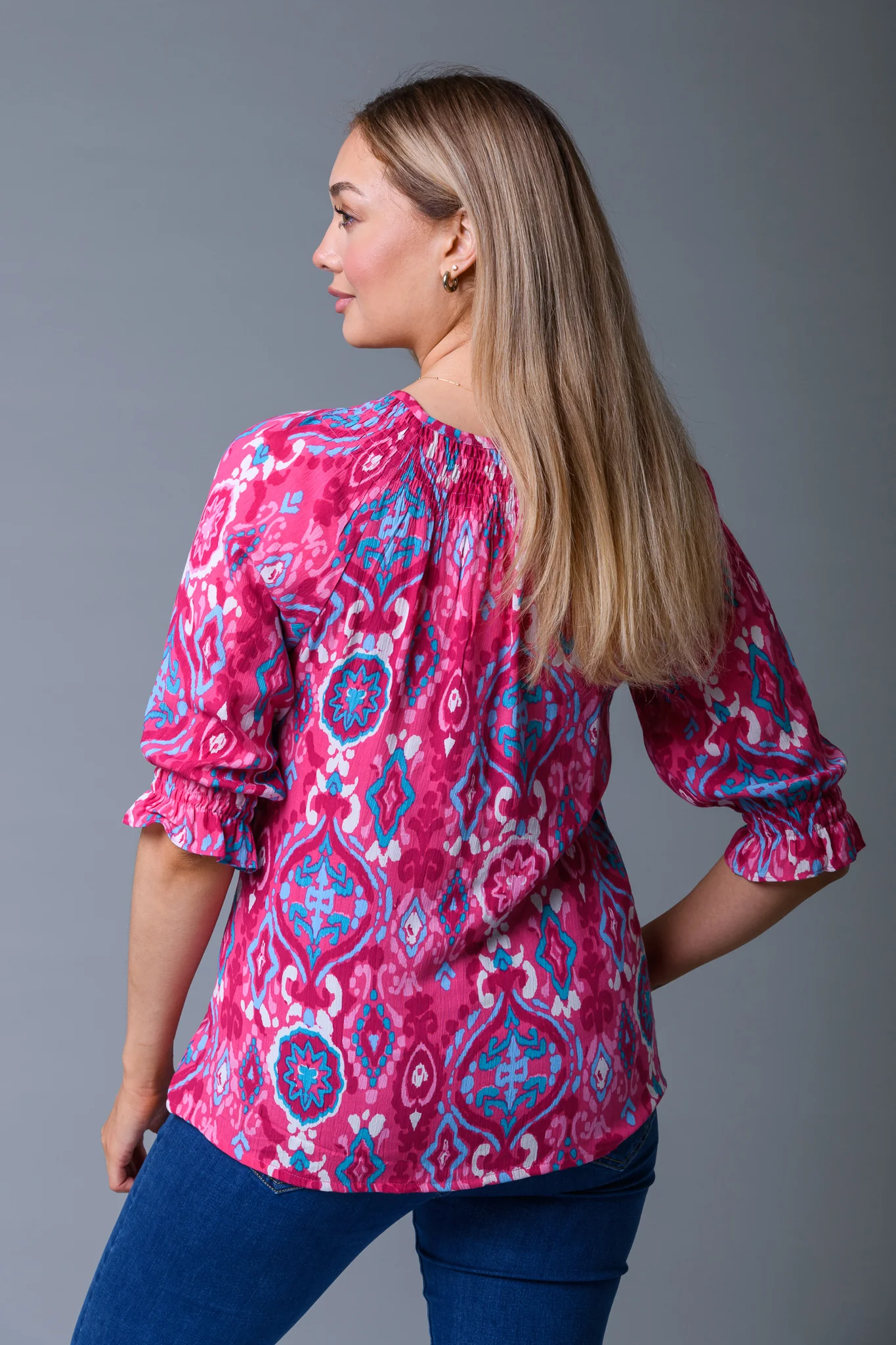 Shirred Neck Print Top PINK - Image 3