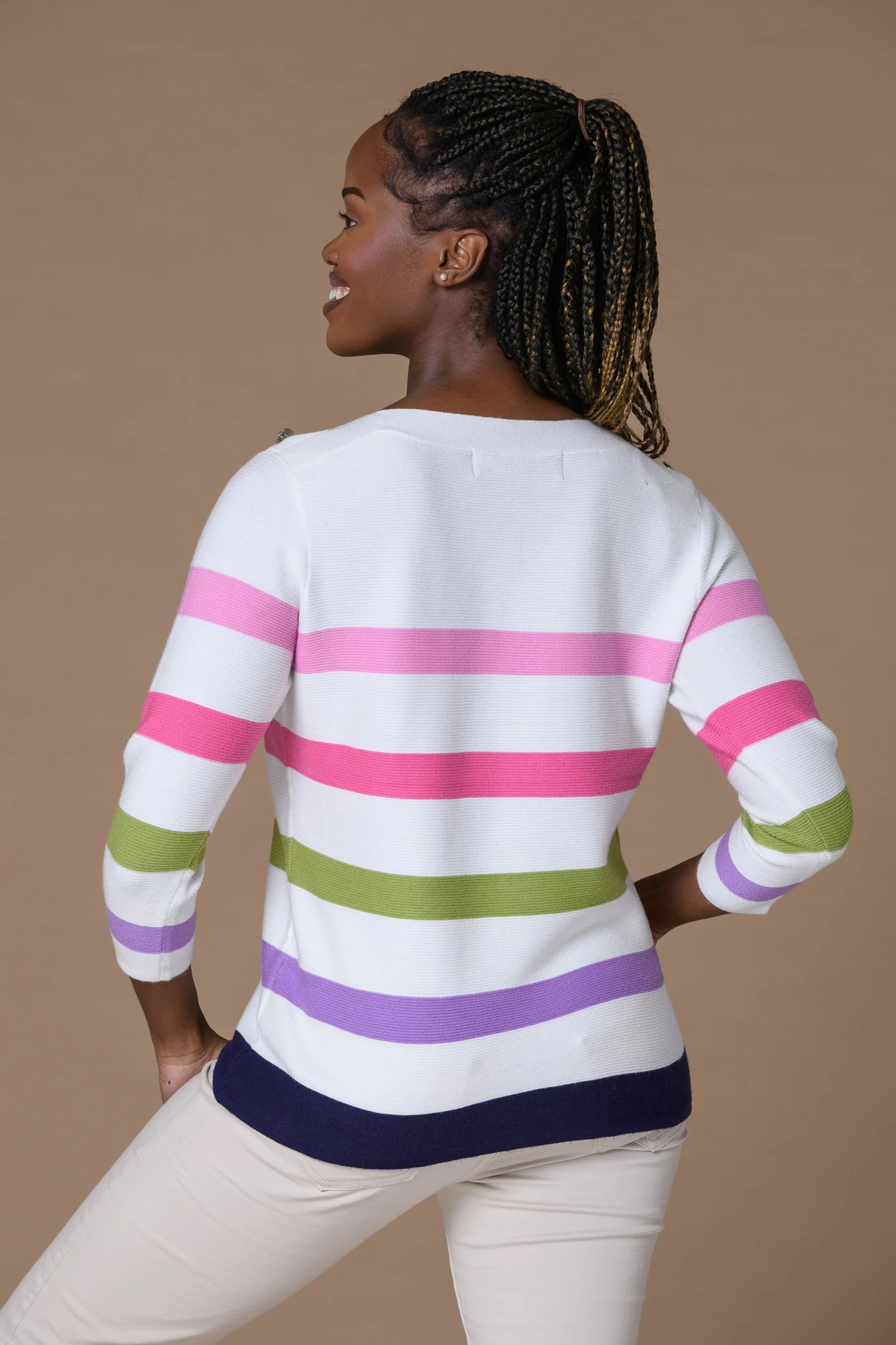 Shoulder Button Striped Sweater WHITE - Image 3