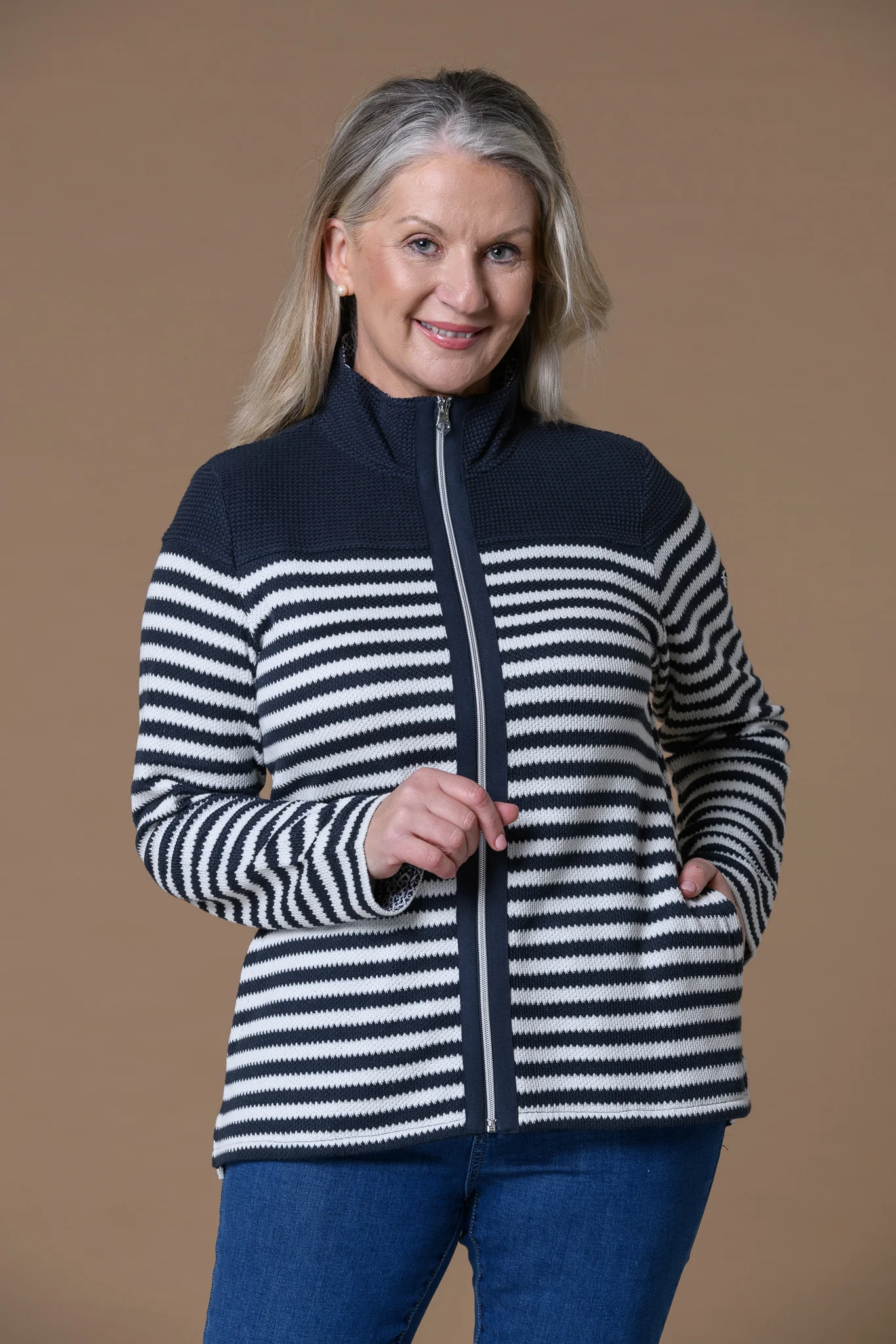 Stripe Rib Hooded Top NAVY - Image 2