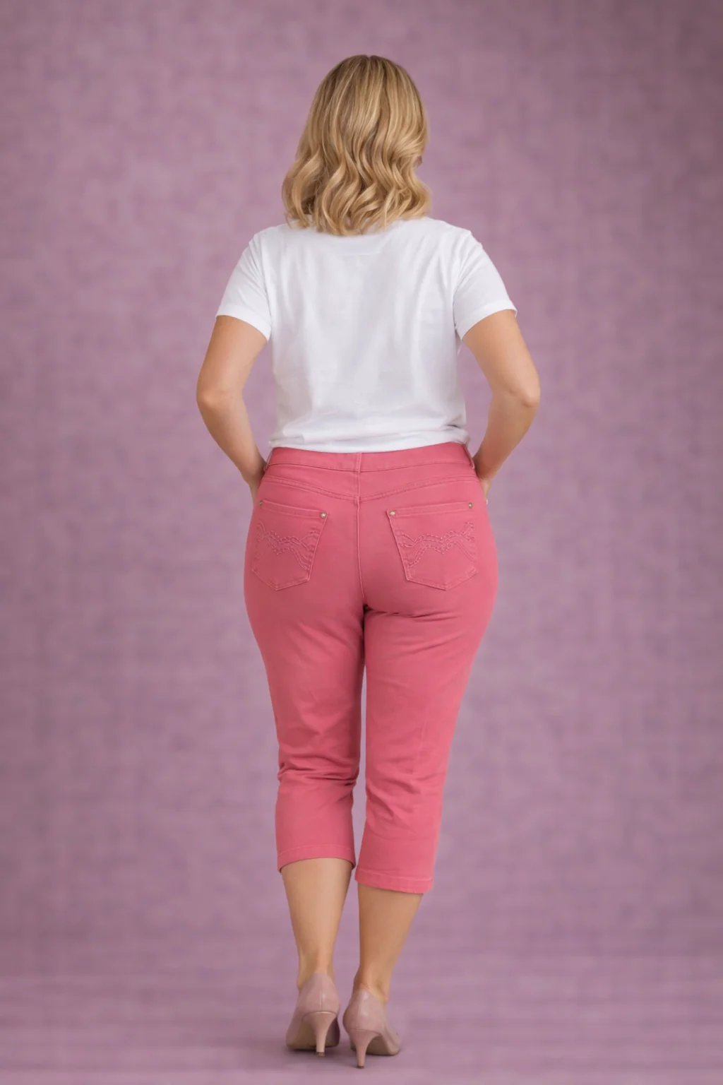 T30490 CROP 22 INCH TROUER EMBROIDER POCKET CORAL - Image 2