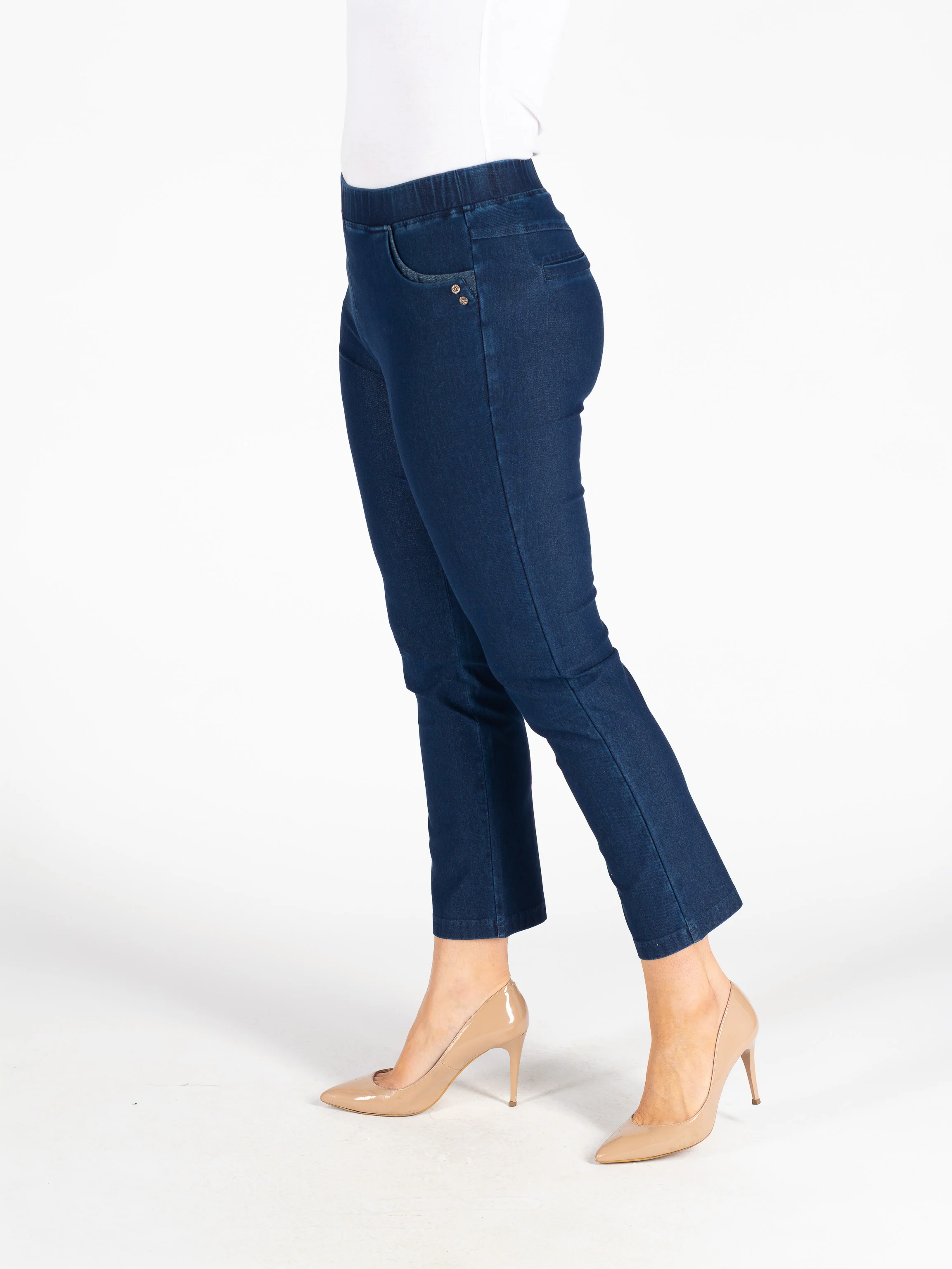 T30512 27 Inch Denim Trouser Metal Trim Pocket Dark Blue - Image 3