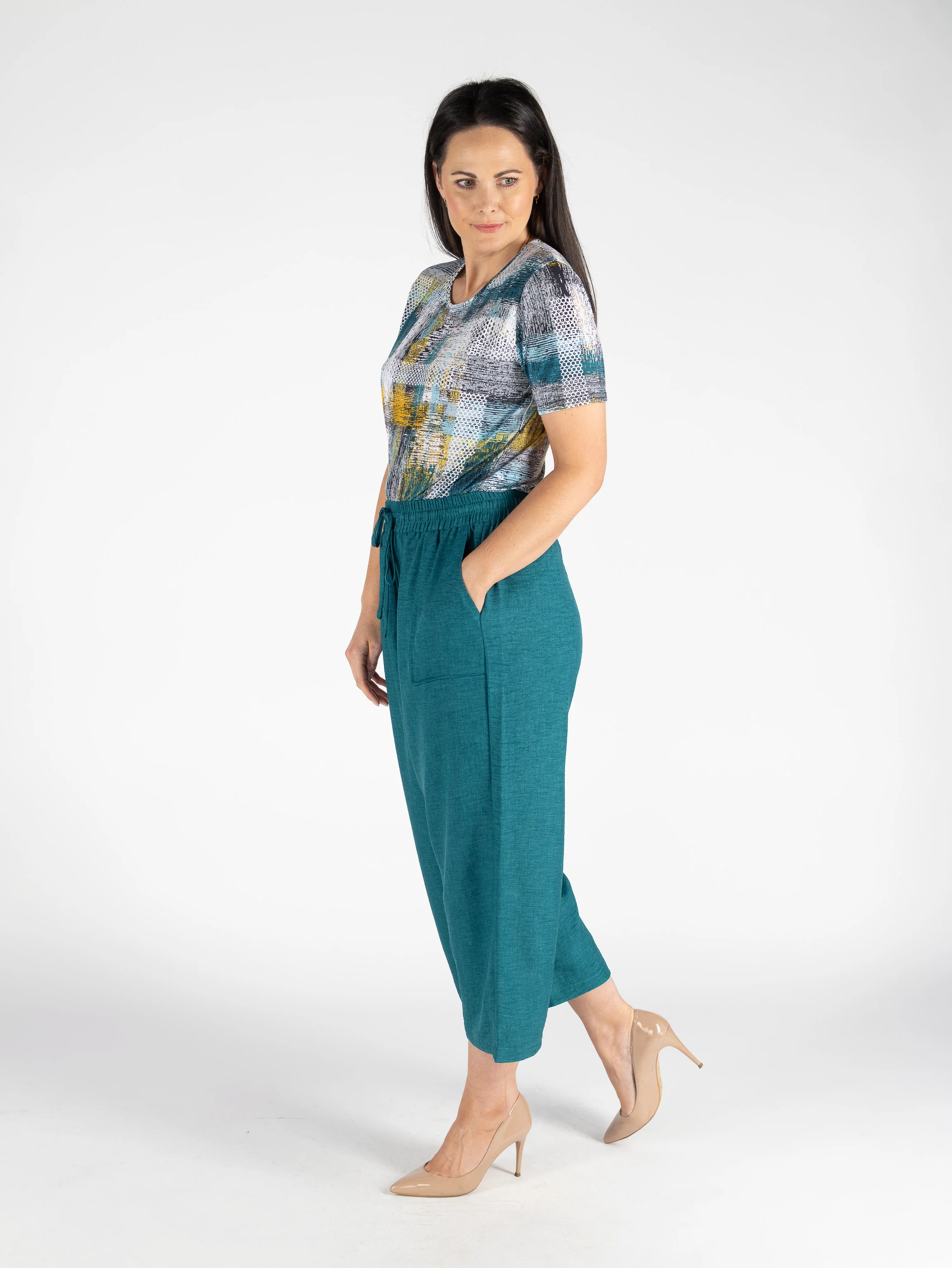 T30667  CROPPED 2 TONE EFFECT TROUSER 22 INCH TEAL - Image 2