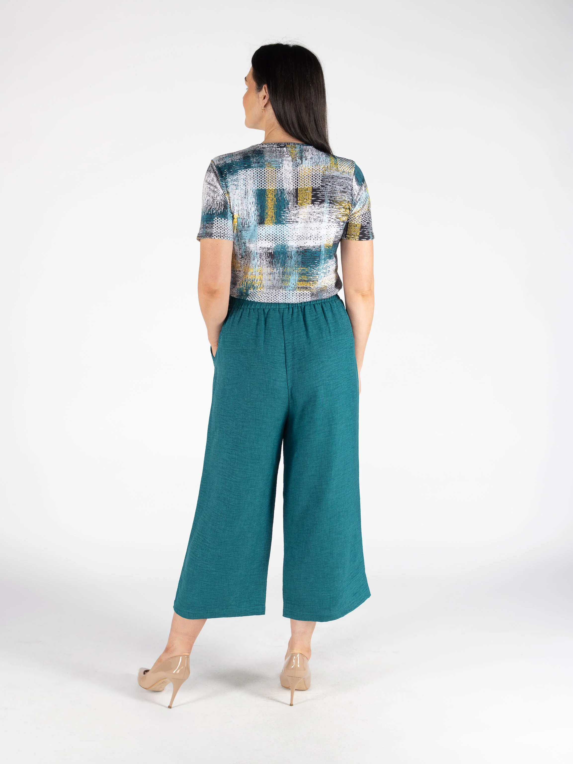 T30667  CROPPED 2 TONE EFFECT TROUSER 22 INCH TEAL - Image 3