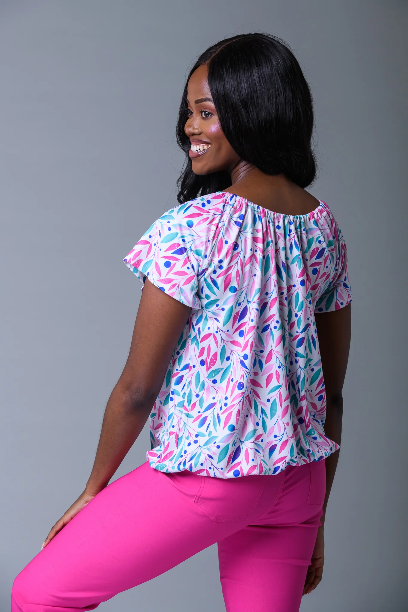 Tie Neck Gypsy Top Aqua Pink - Image 2