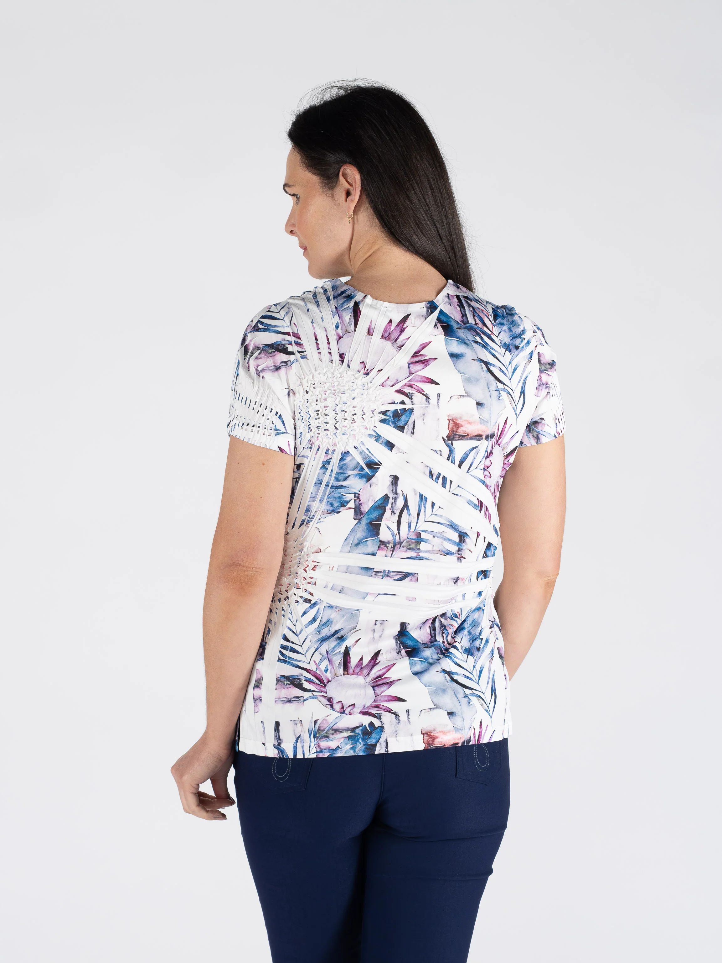 TO30518  Flower Print Pineapple Top Round Neck Sh BLUE PRINT - Image 3