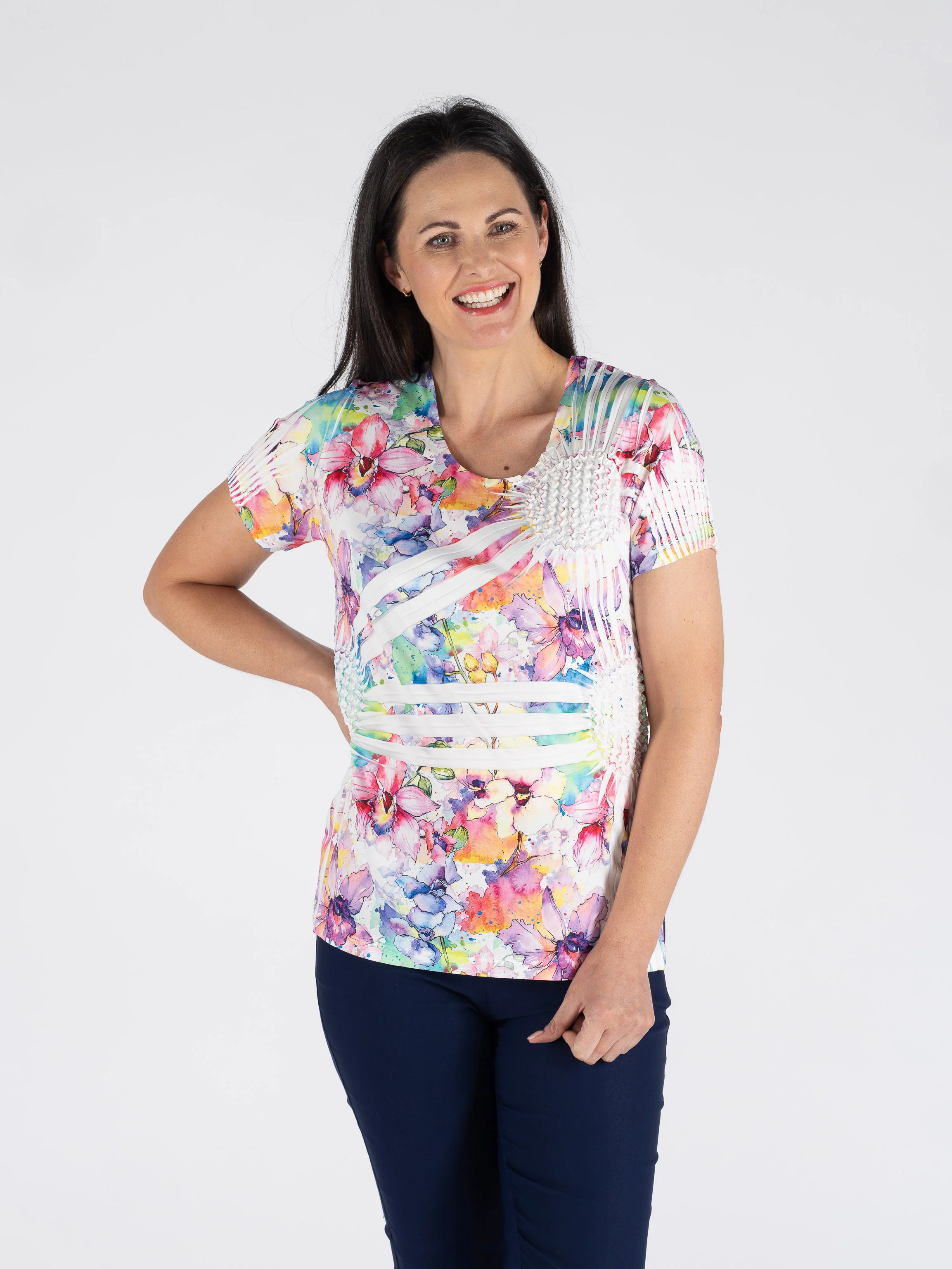 TO30520  Floral Print Pineapple Top Round Neck MULTI PRINT - Image 4
