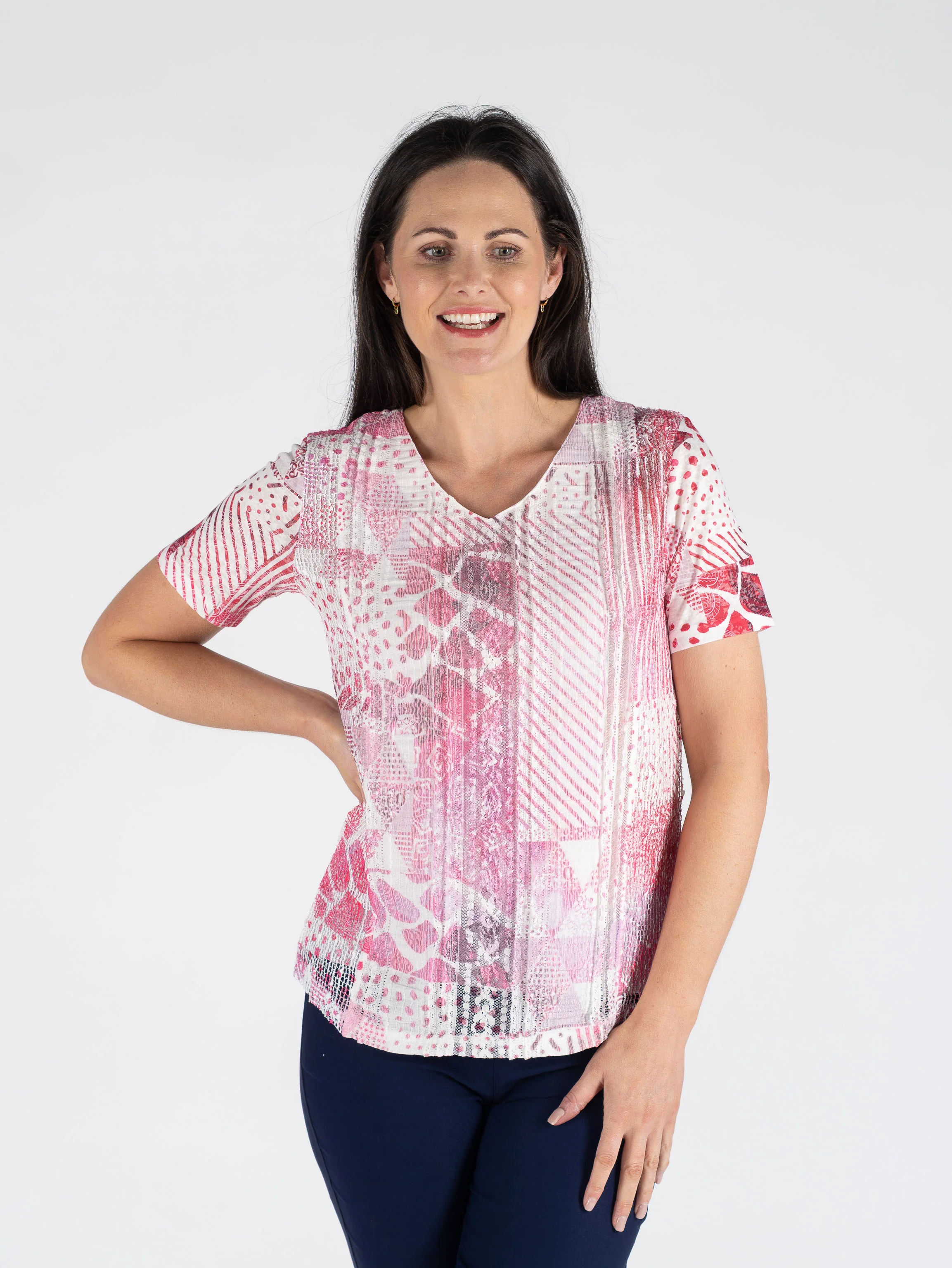TO30693 Burnout Top With Lace Front & V-Neck Sho CERISE PRINT