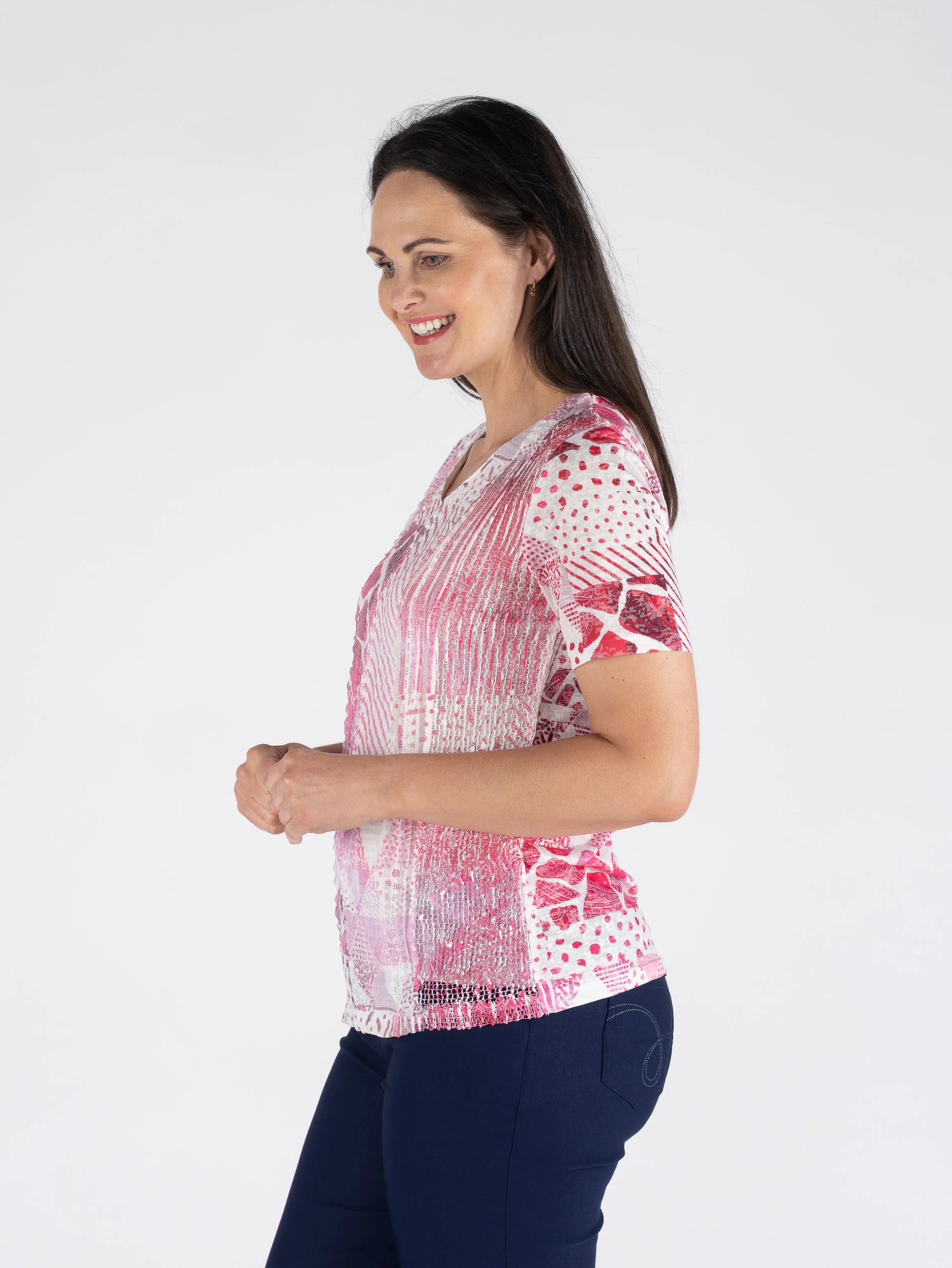 TO30693 Burnout Top With Lace Front & V-Neck Sho CERISE PRINT - Image 2