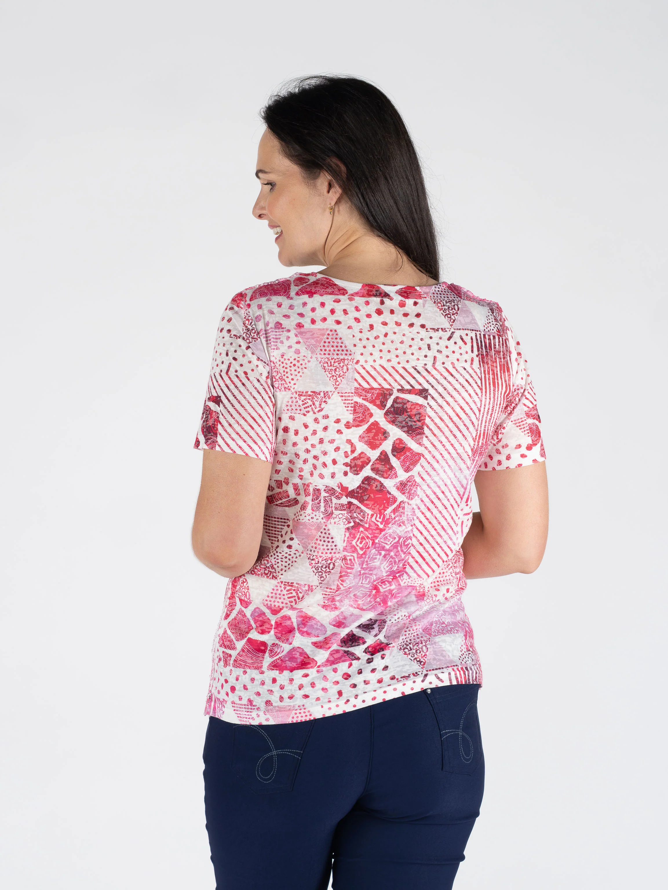 TO30693 Burnout Top With Lace Front & V-Neck Sho CERISE PRINT - Image 3