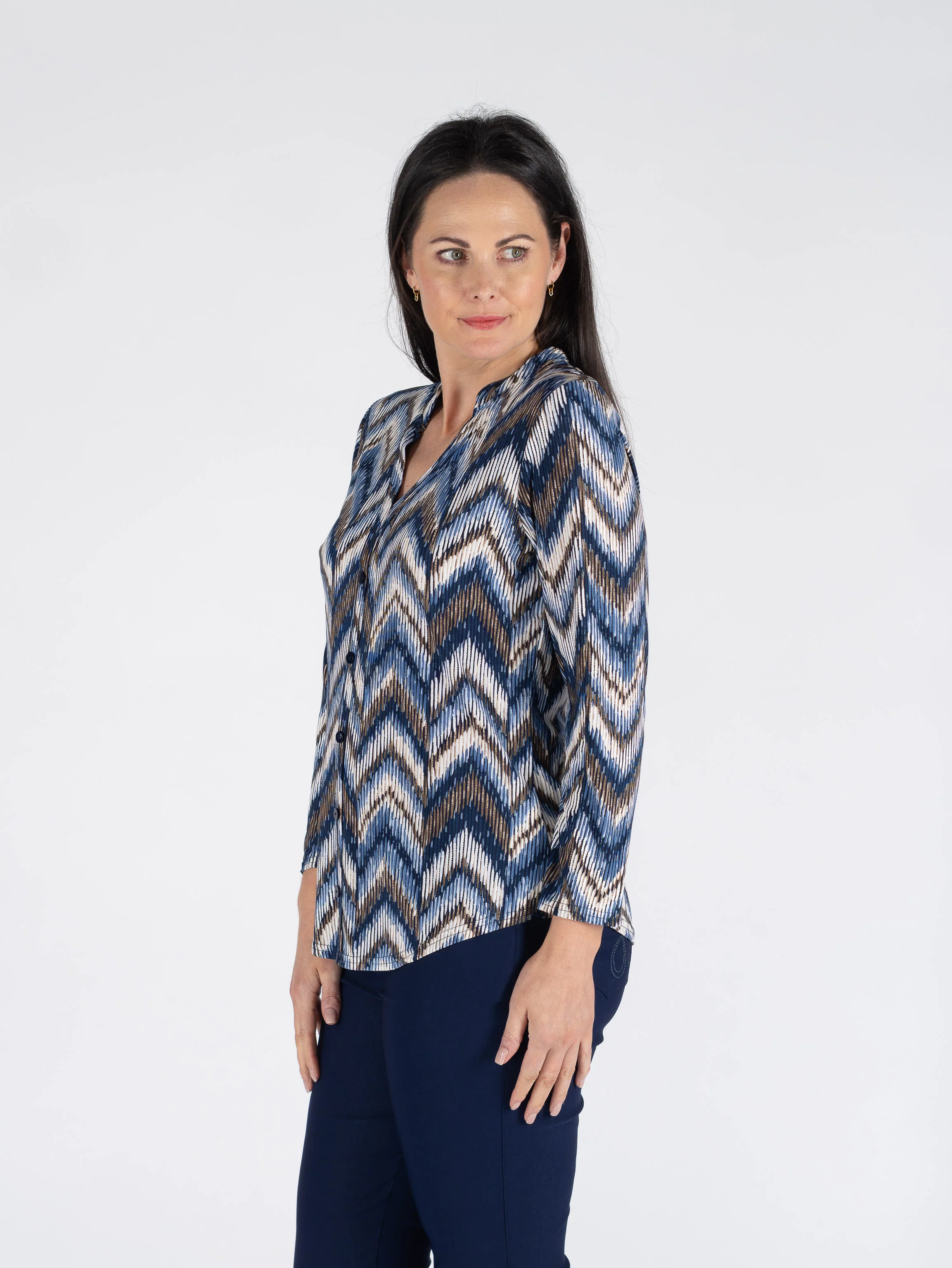 TO30719  WAVY PRINT TOP BUTTON PLACKET 3/4 SLEEVE DENIM - Image 2
