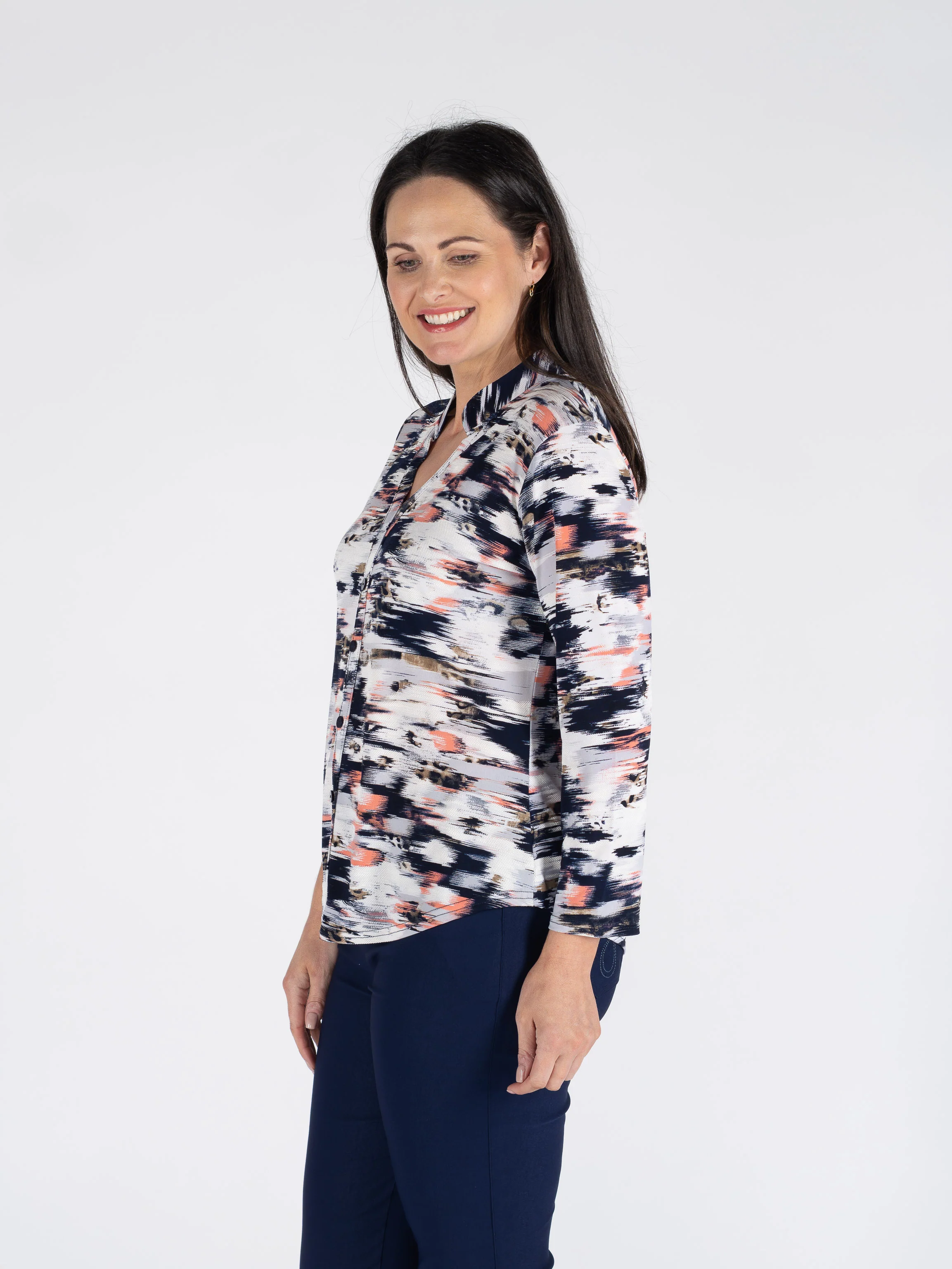 TO30722  TOP WITH BUTTON PLACKET 3/4 SLEEVE PEACH PRINT - Image 2