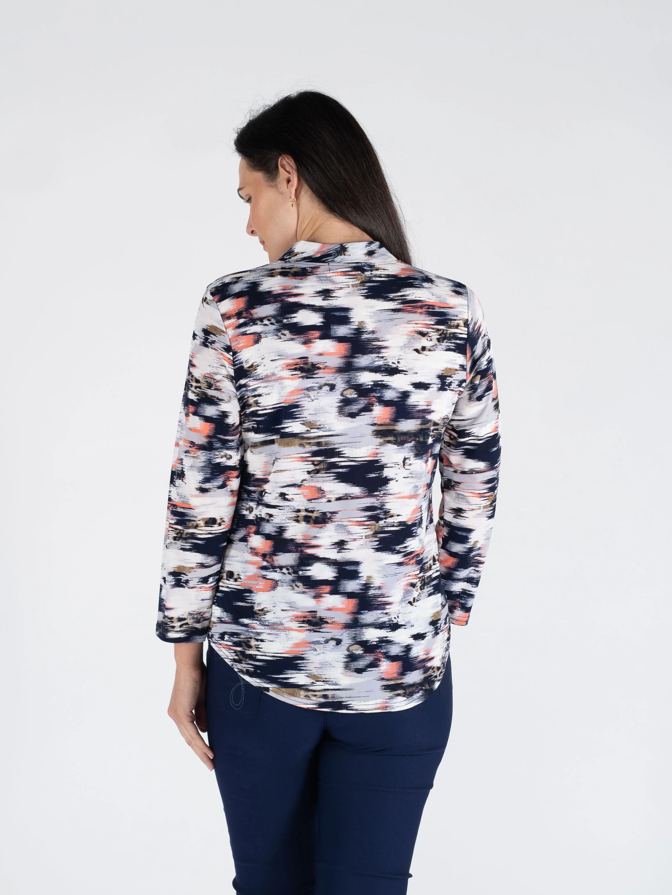 TO30722  TOP WITH BUTTON PLACKET 3/4 SLEEVE PEACH PRINT - Image 3