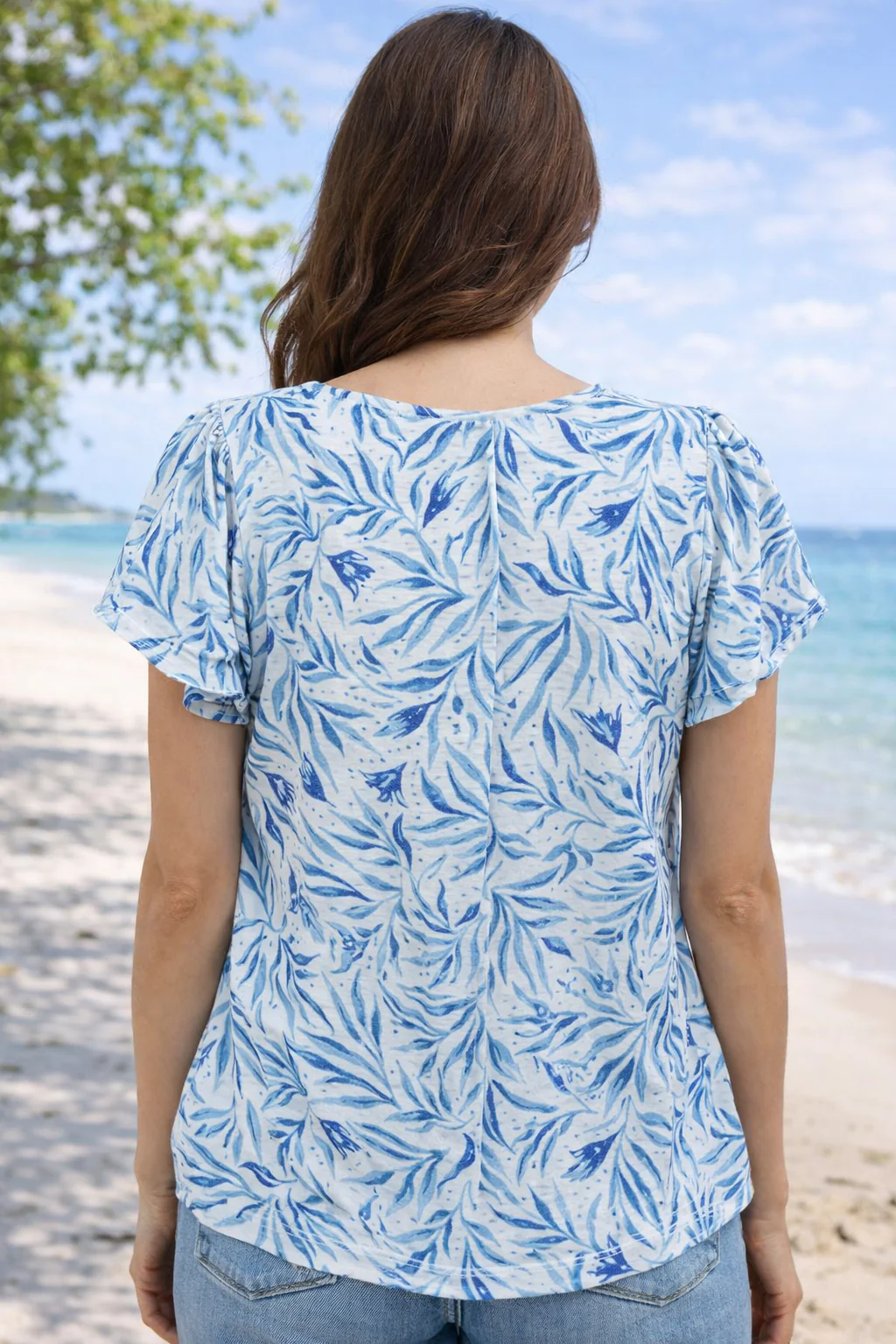 TO30734  BLUE LEAF PRINT SCHIFFLY TOP WITH SHORT BLUE PRINT - Image 2