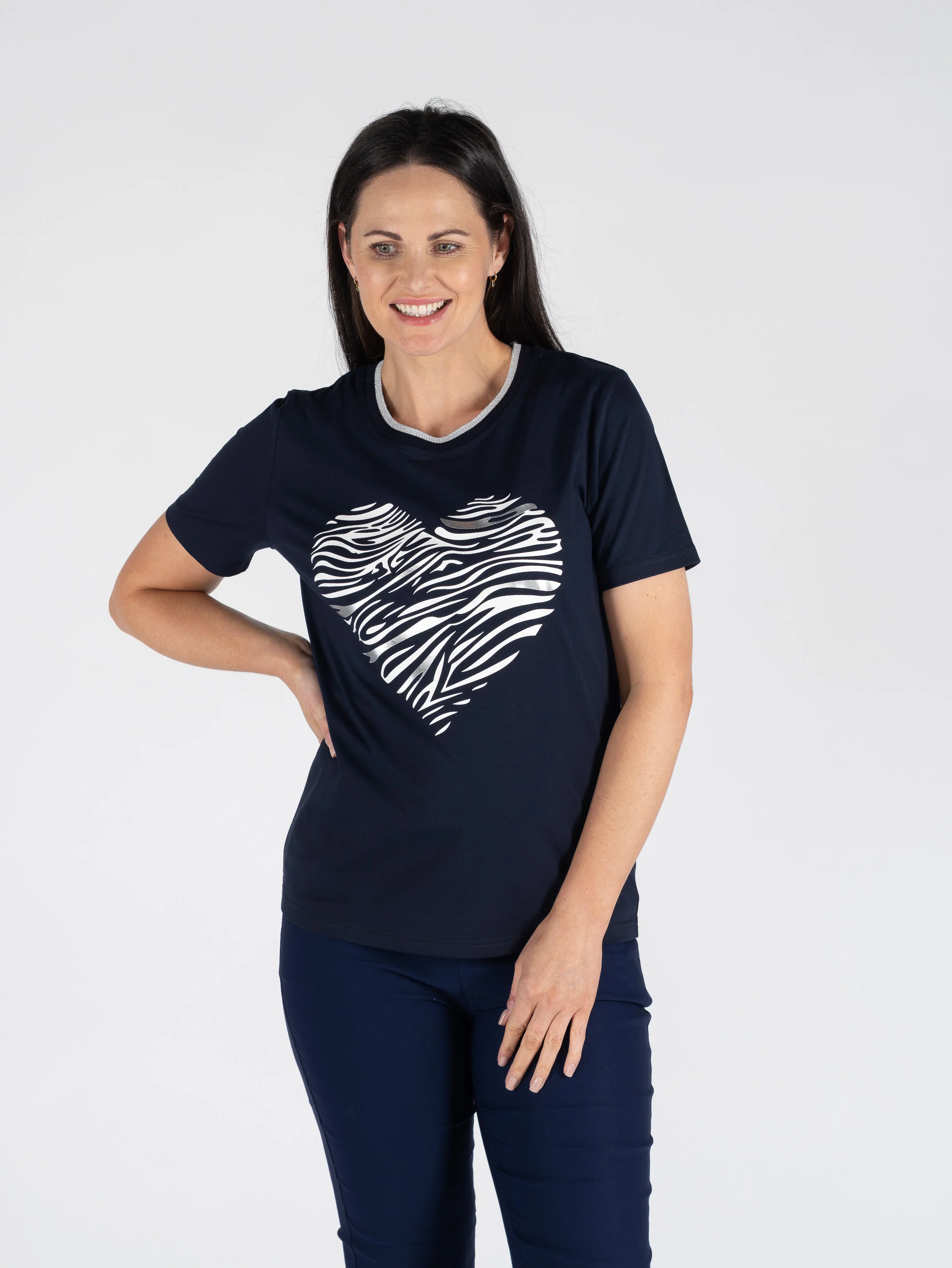 TO30818 HEART PRINT TOP LUREX TRIM ROUND NECK SH NAVY