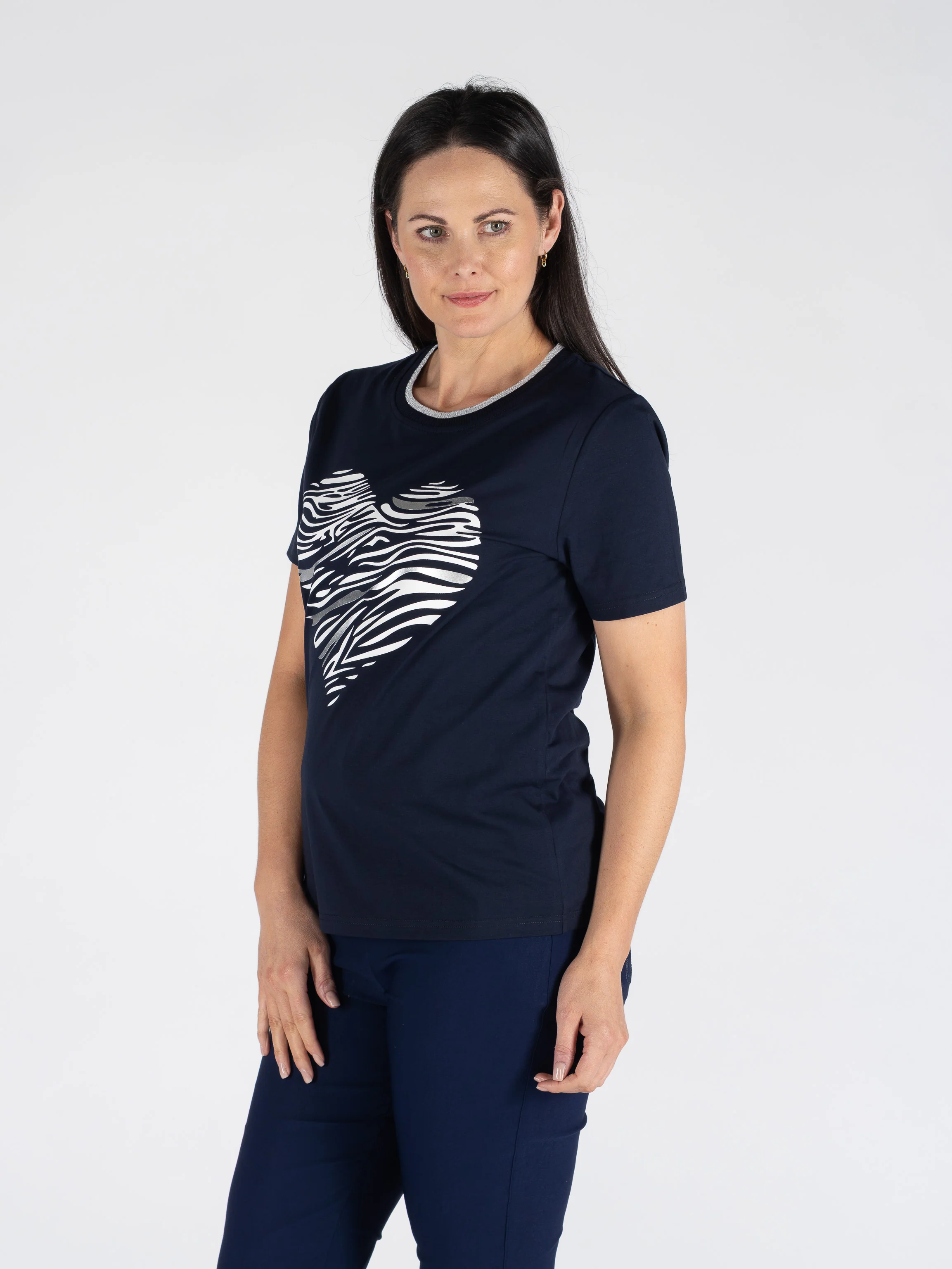 TO30818 HEART PRINT TOP LUREX TRIM ROUND NECK SH NAVY - Image 2