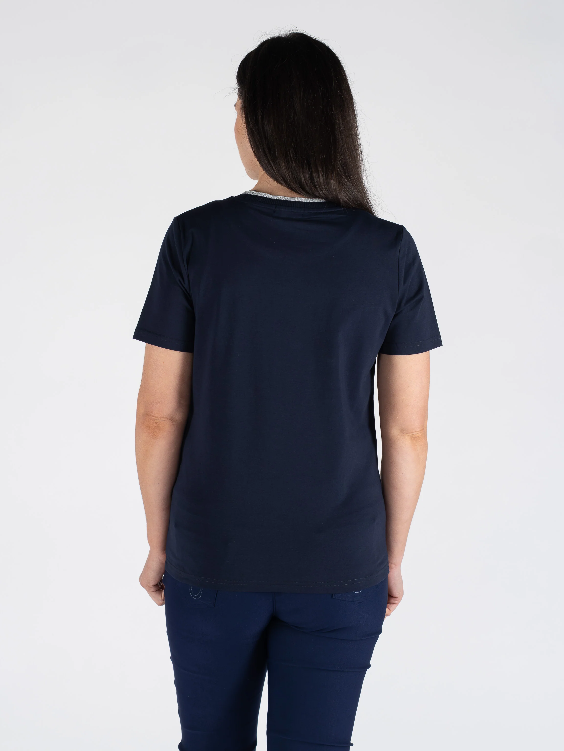 TO30818 HEART PRINT TOP LUREX TRIM ROUND NECK SH NAVY - Image 3