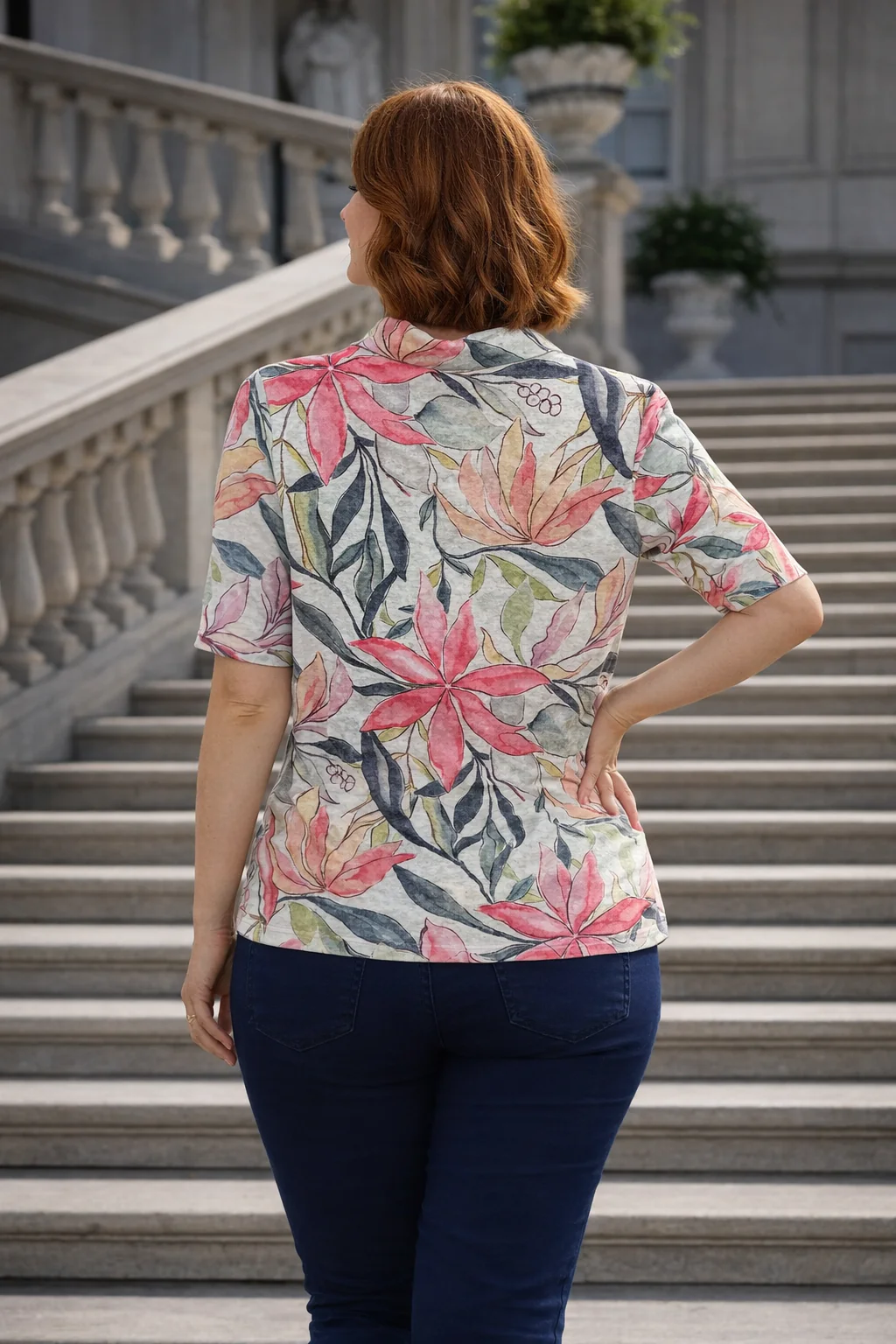 TO30843  LEAF PRINT TOP WITH COLLAR SHORT SLEEVE PINK MULTI - Image 2