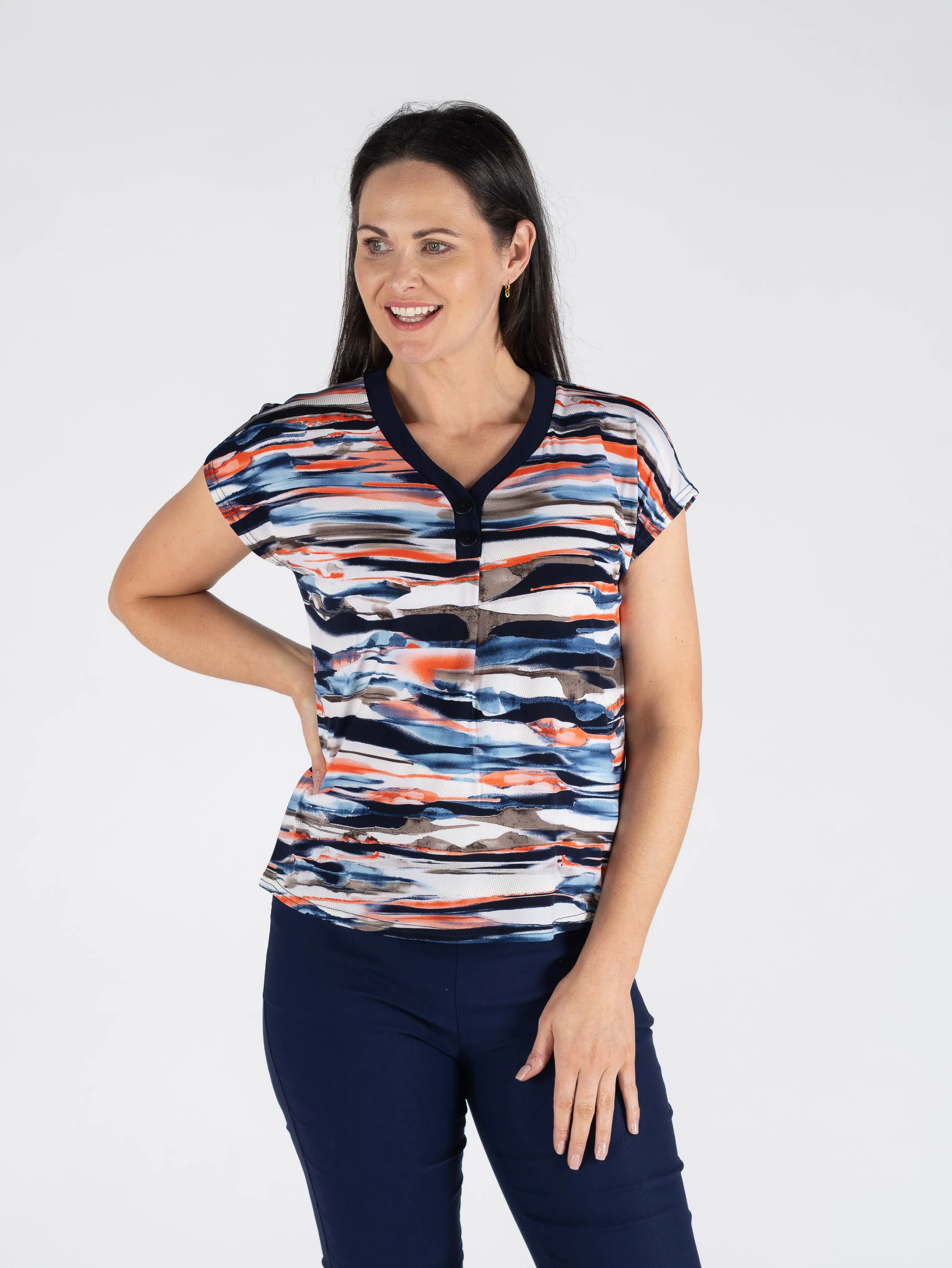 TO30881 SWIRL PRINT V-NECK TOP WITH CAP SLEEVE CORAL NAVY