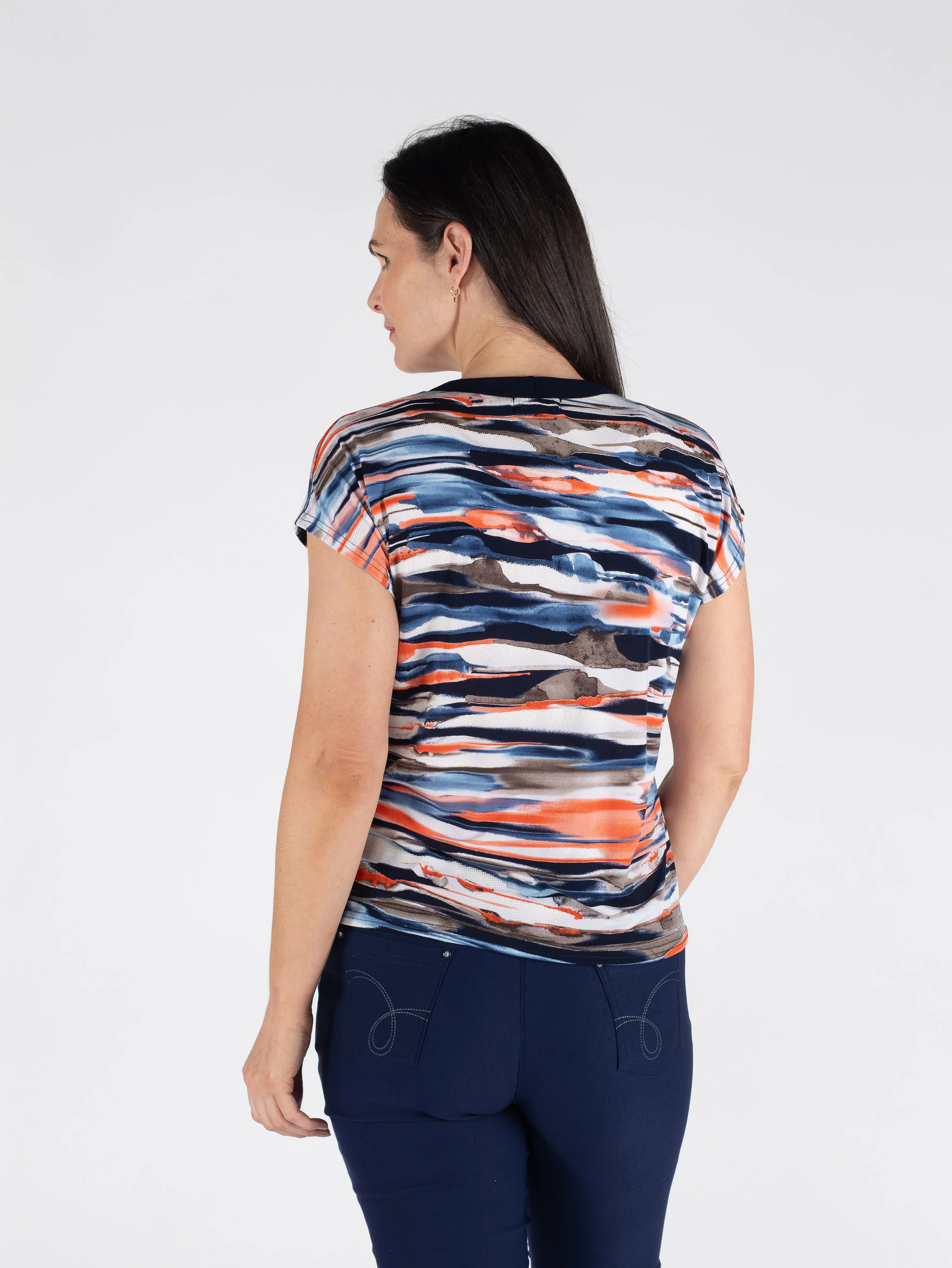 TO30881 SWIRL PRINT V-NECK TOP WITH CAP SLEEVE CORAL NAVY - Image 2