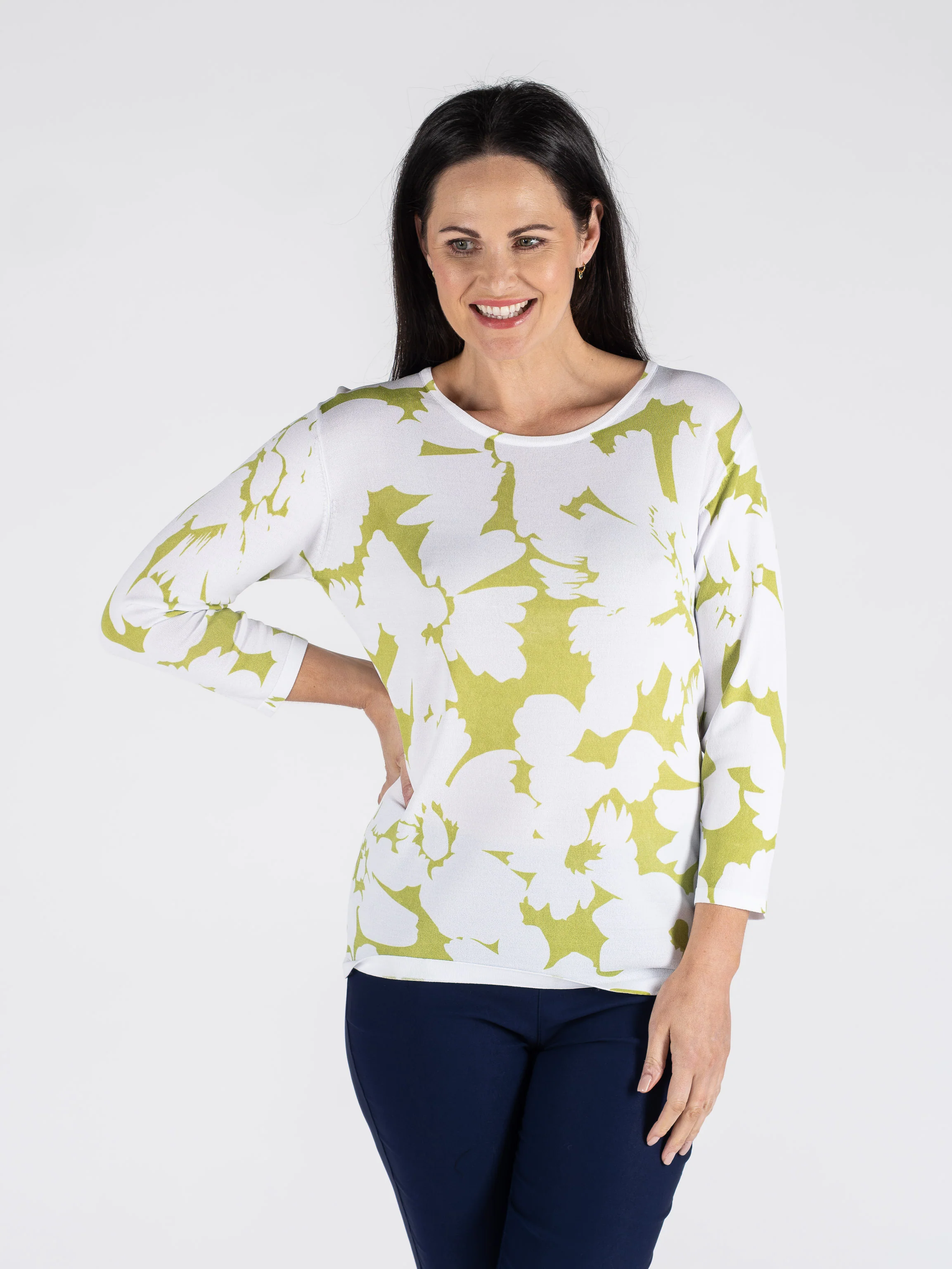 TO30886 Flower Print Top 3/4 Sleeve Without Ston GREEN PRINT