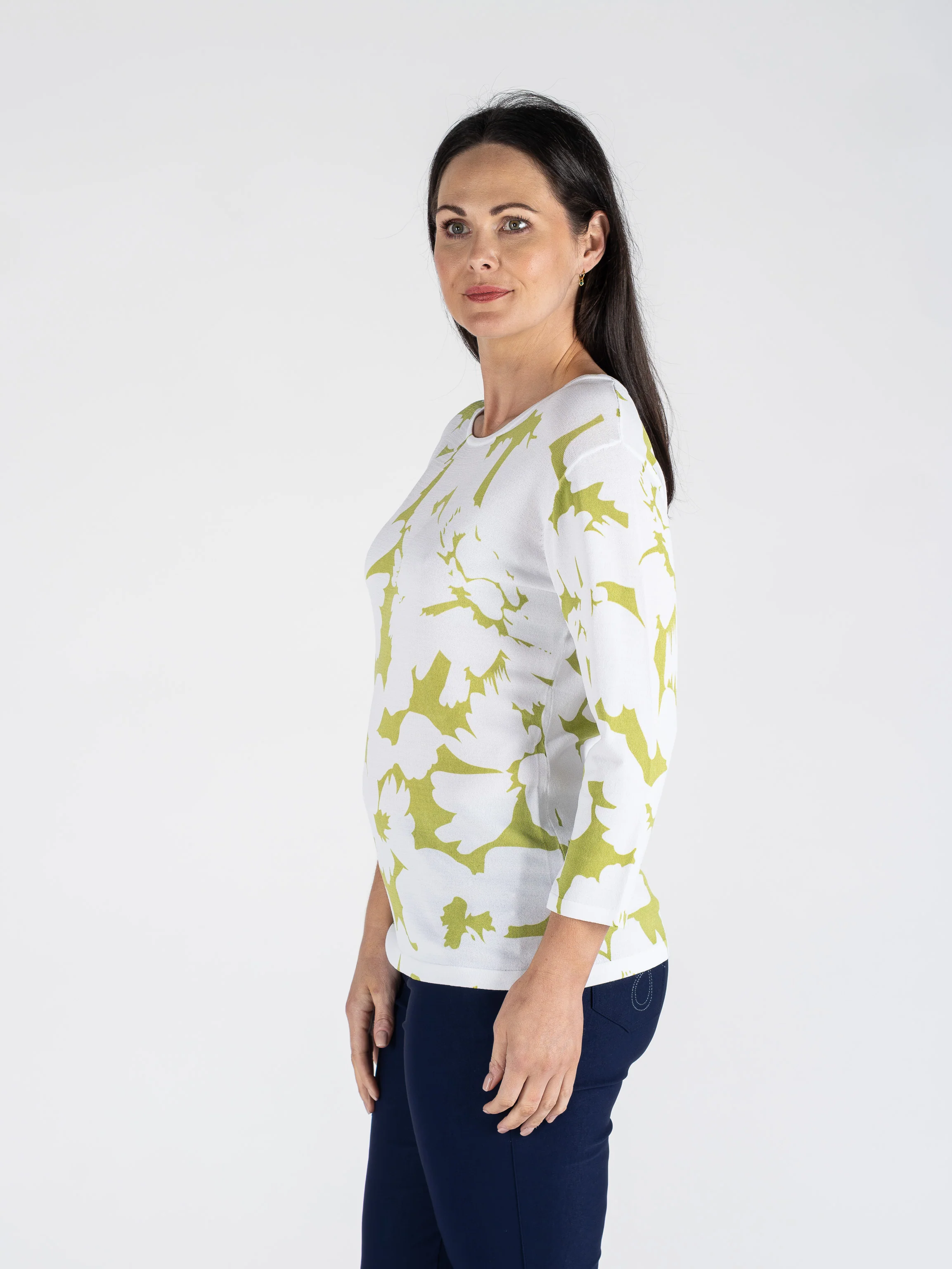 TO30886 Flower Print Top 3/4 Sleeve Without Ston GREEN PRINT - Image 3