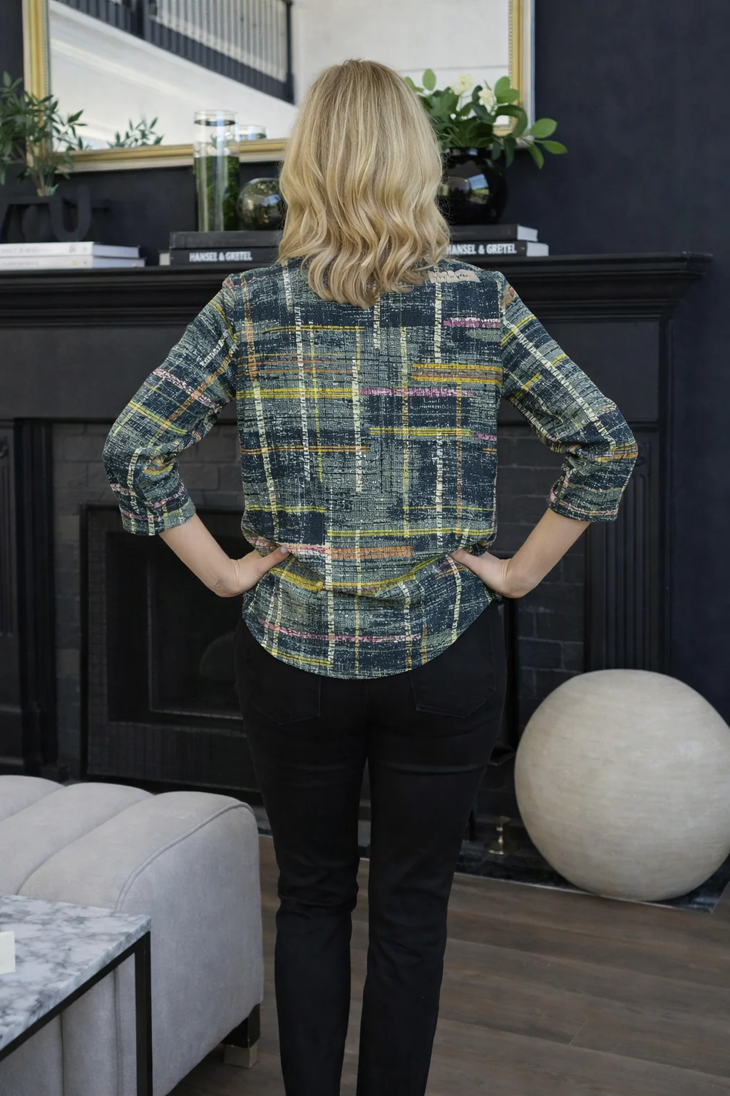 TO30892 ABSTRACT PRINT TOP WITH 3/4 SLEEVE OLIVE MULTI - Image 2