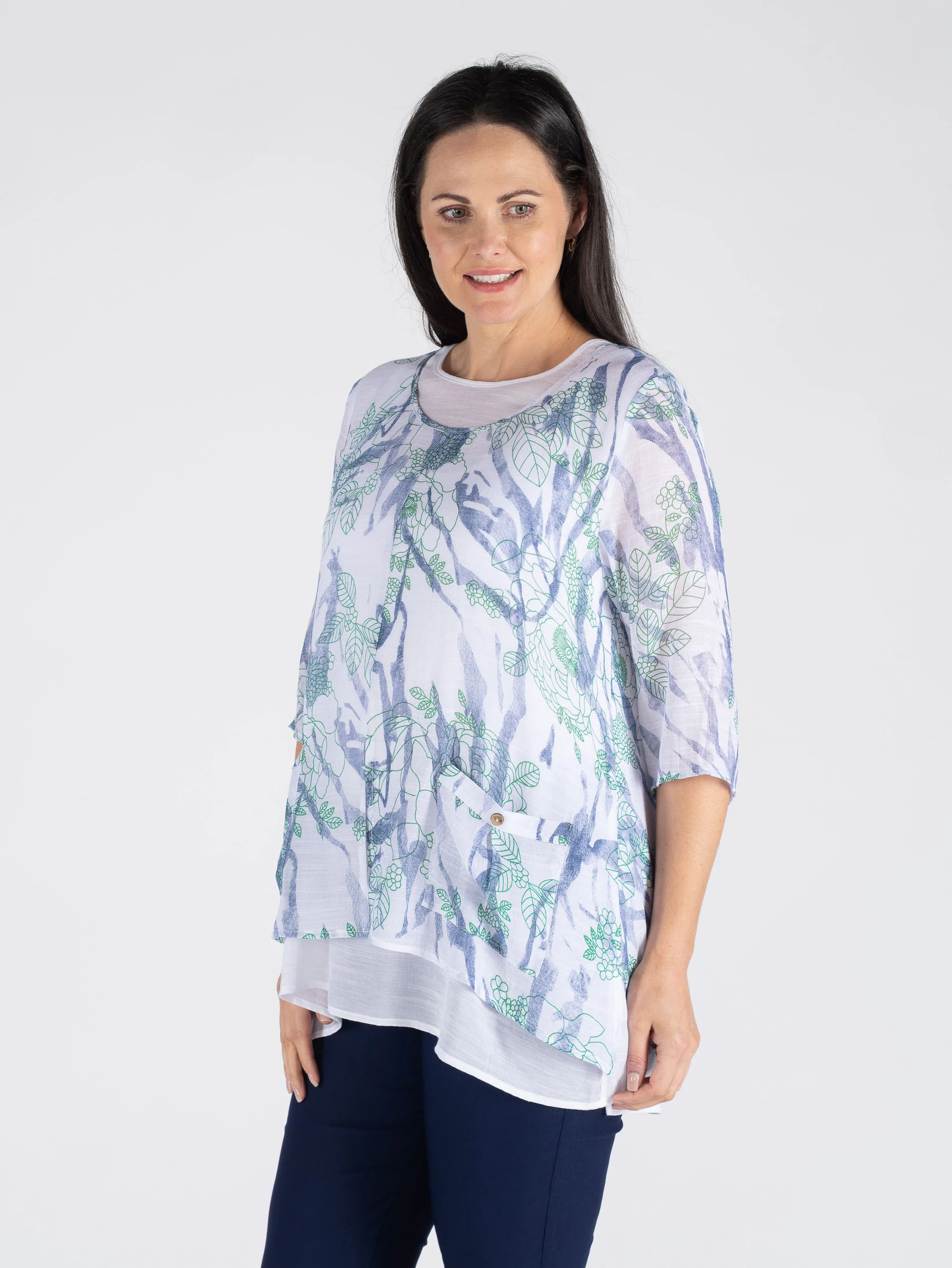 TU30703  LEAF PRINT LAYERED TUNIC ROUND NECK 3/4 BLUE GREEN - Image 2