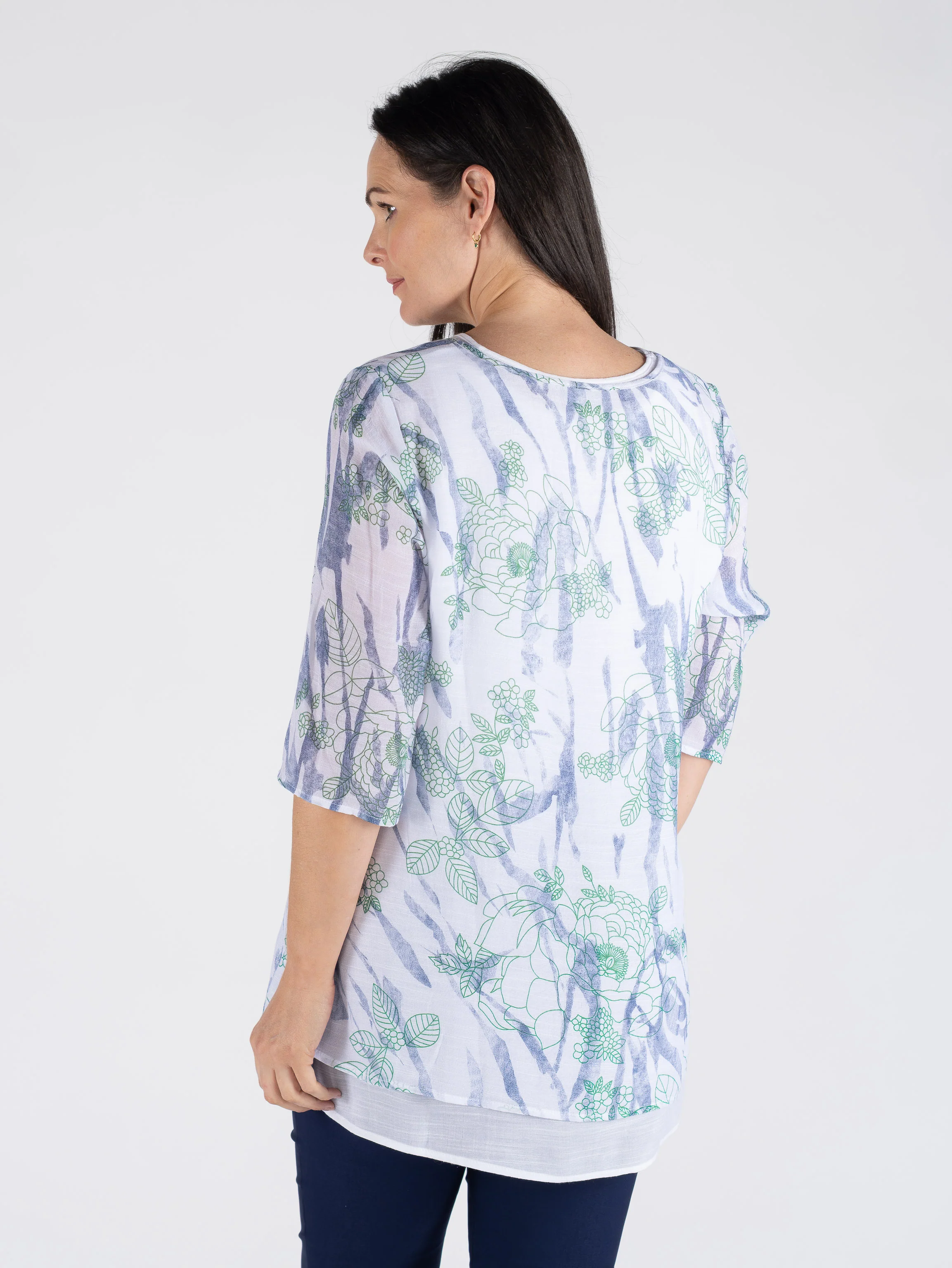 TU30703  LEAF PRINT LAYERED TUNIC ROUND NECK 3/4 BLUE GREEN - Image 3