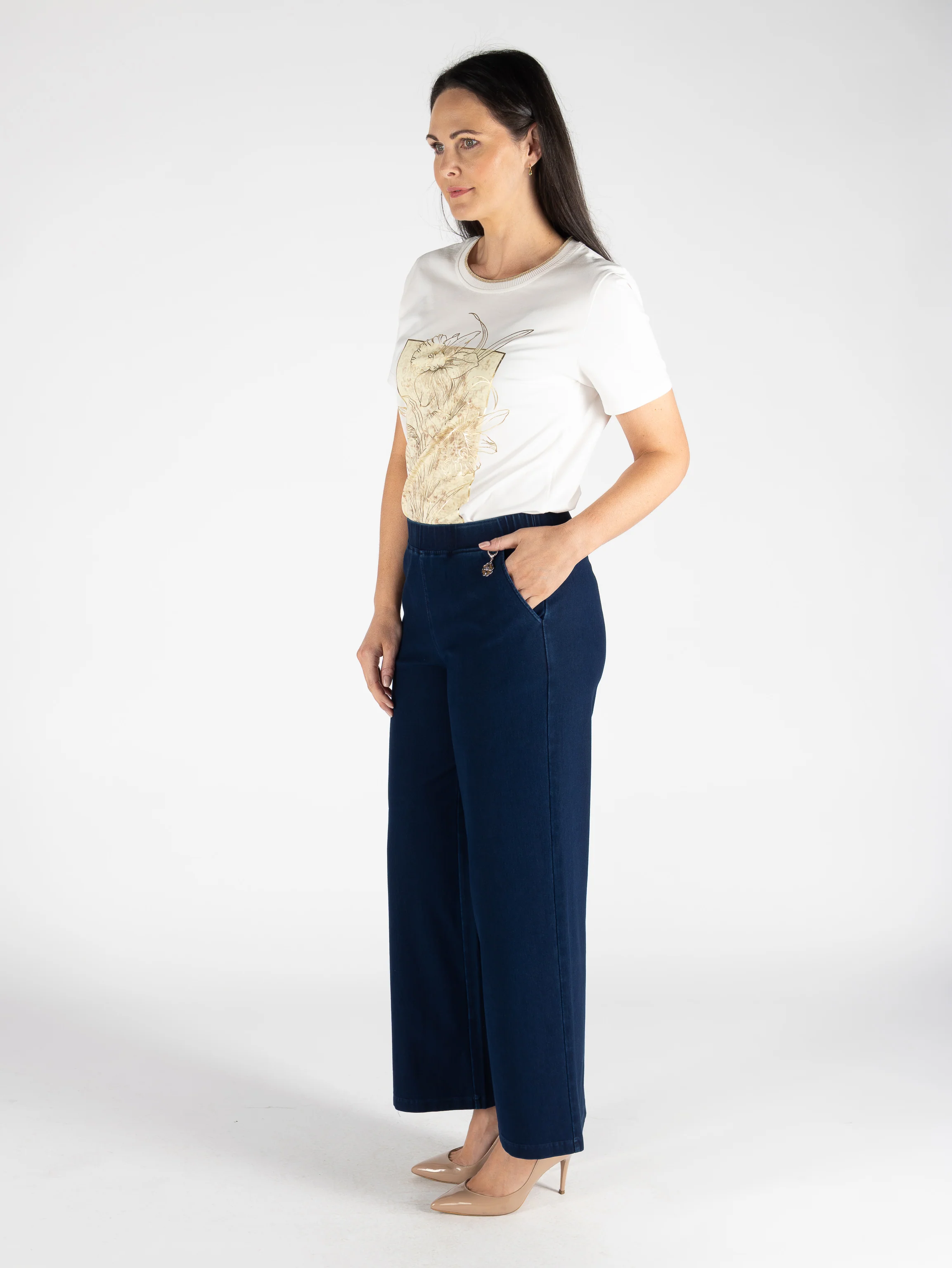 T30509 Wide Leg Blue Denim Trouser 29 Inch - Dark Blue - Image 3