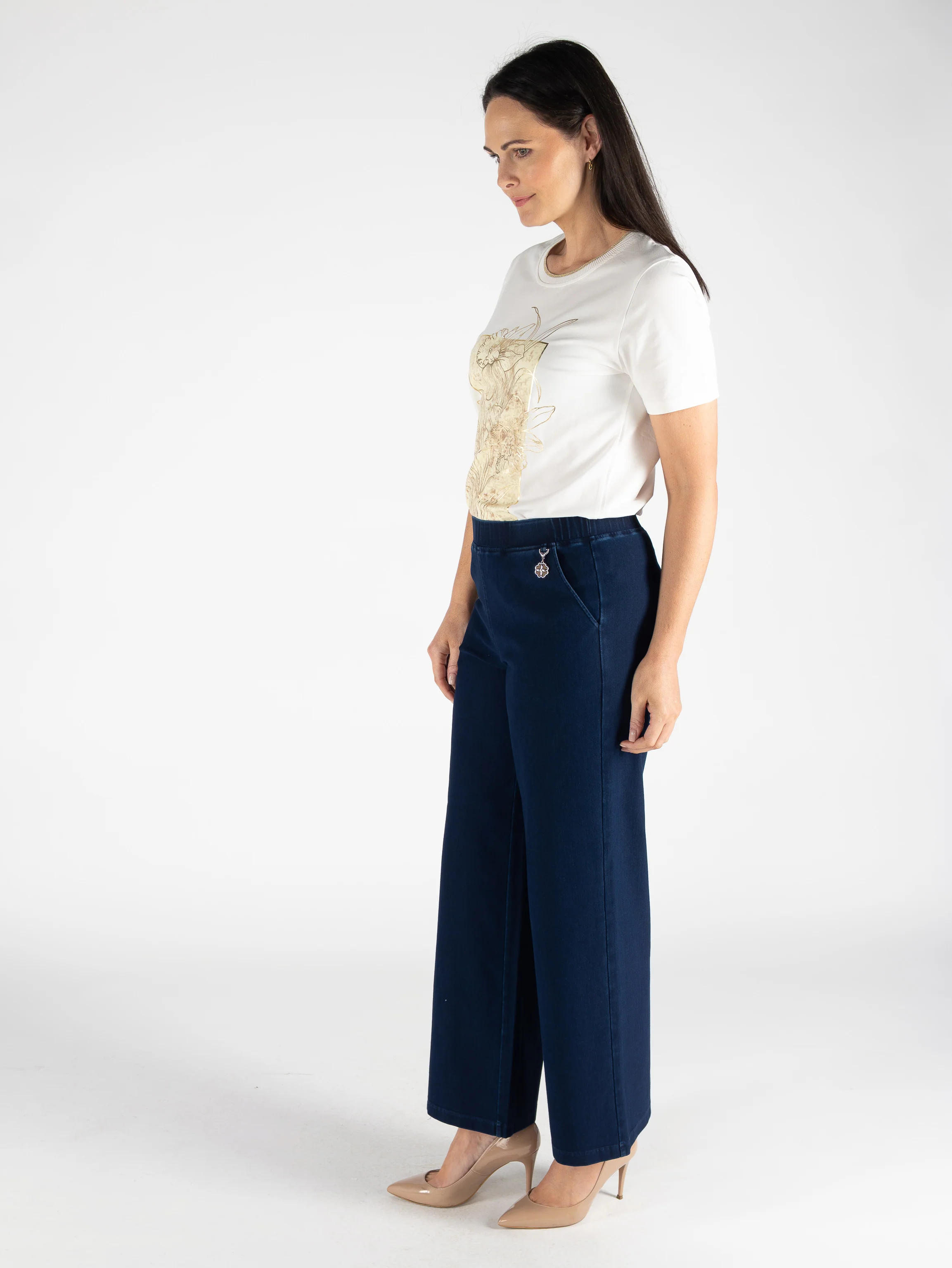 T30509 Wide Leg Blue Denim Trouser 29 Inch - Dark Blue - Image 5